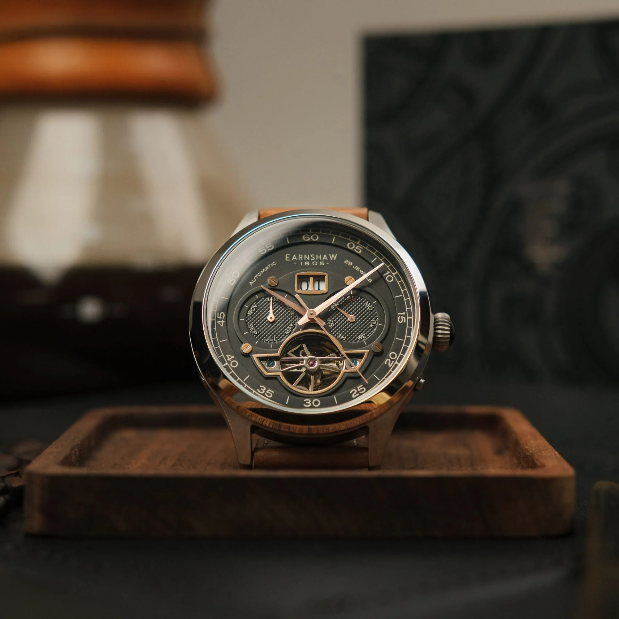 Baron Grand Date Calendar Open Heart Automatic Black / Brown Leather | Black Dial - Image 3