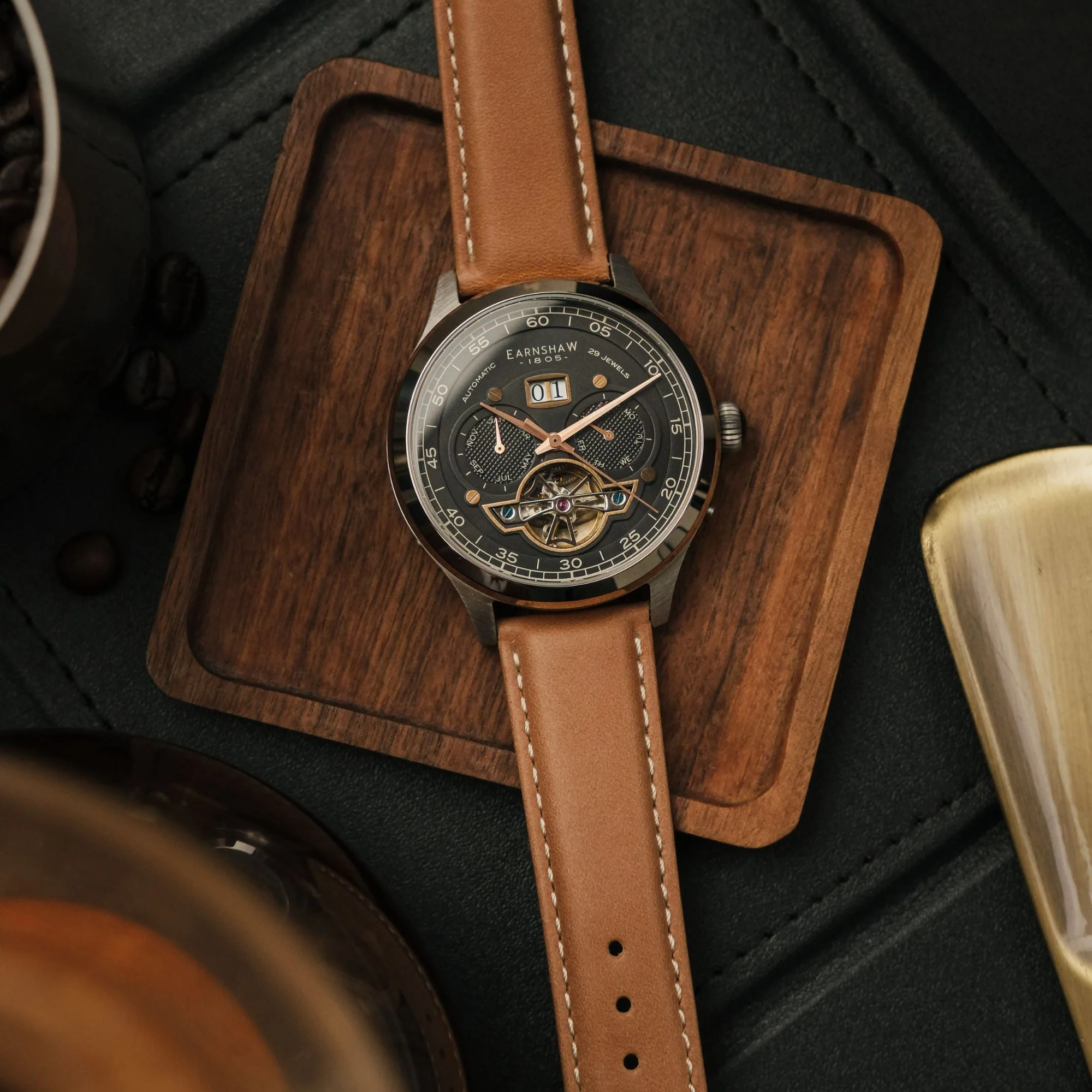 Baron Grand Date Calendar Open Heart Automatic Black / Brown Leather | Black Dial - Image 4