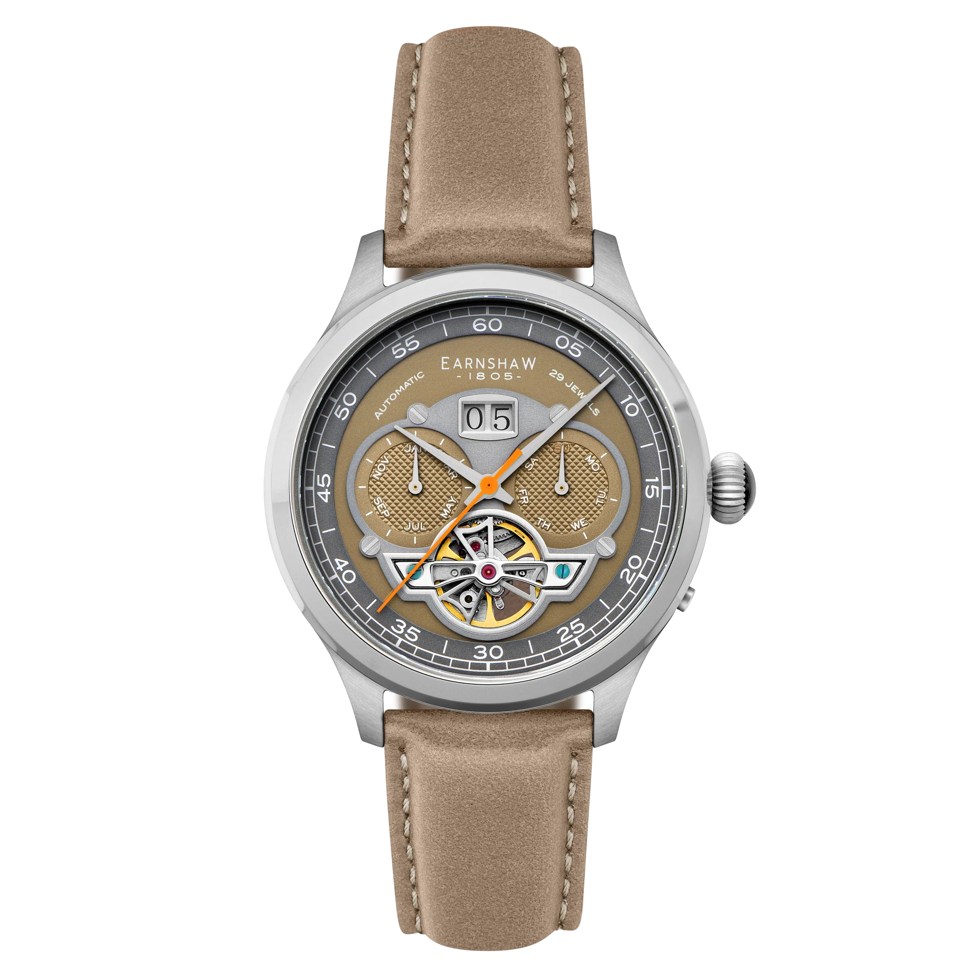 Baron Grand Date Calendar Open Heart Automatic Gray / Tan Leather | Gray Dial