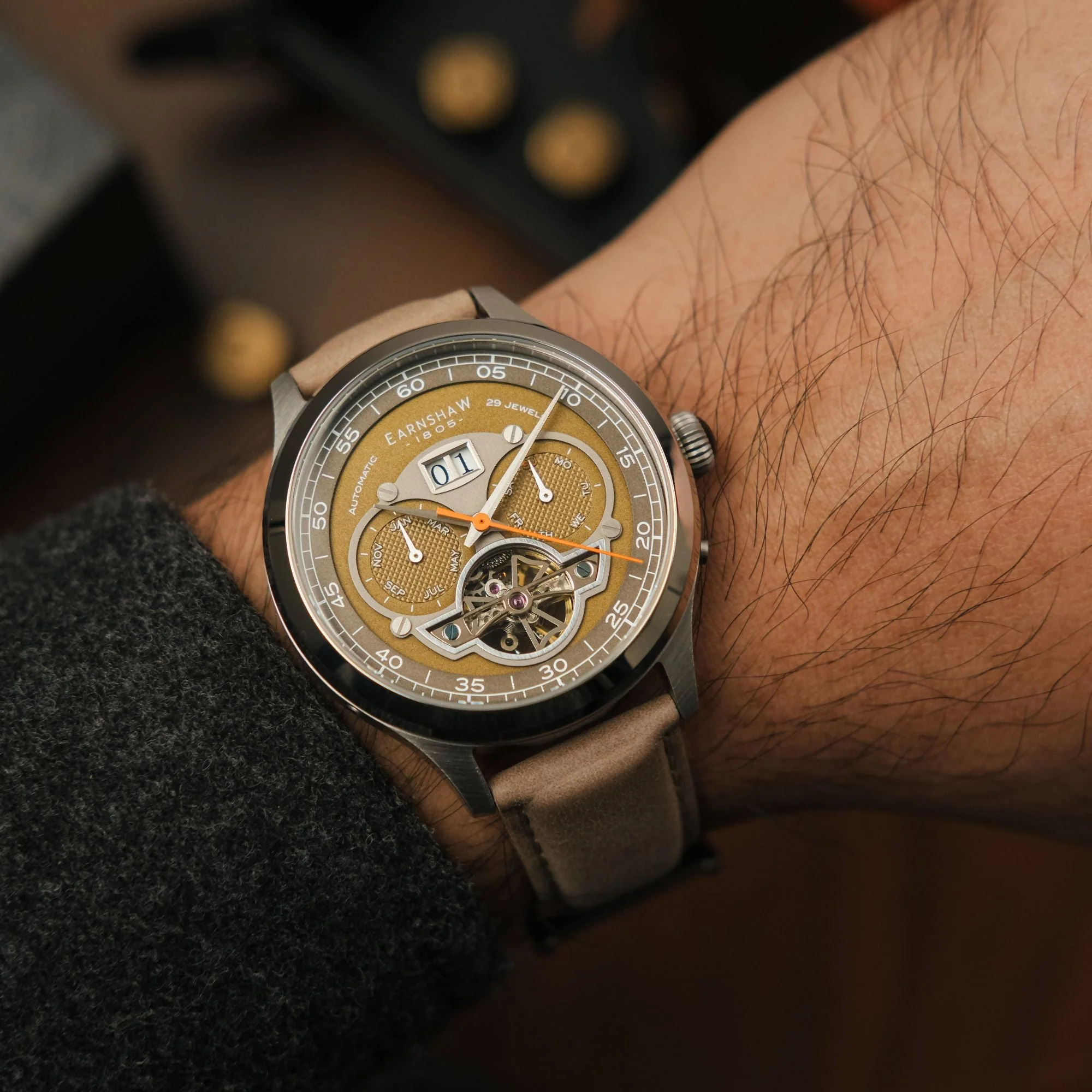 Baron Grand Date Calendar Open Heart Automatic Gray / Tan Leather | Gray Dial - Image 2