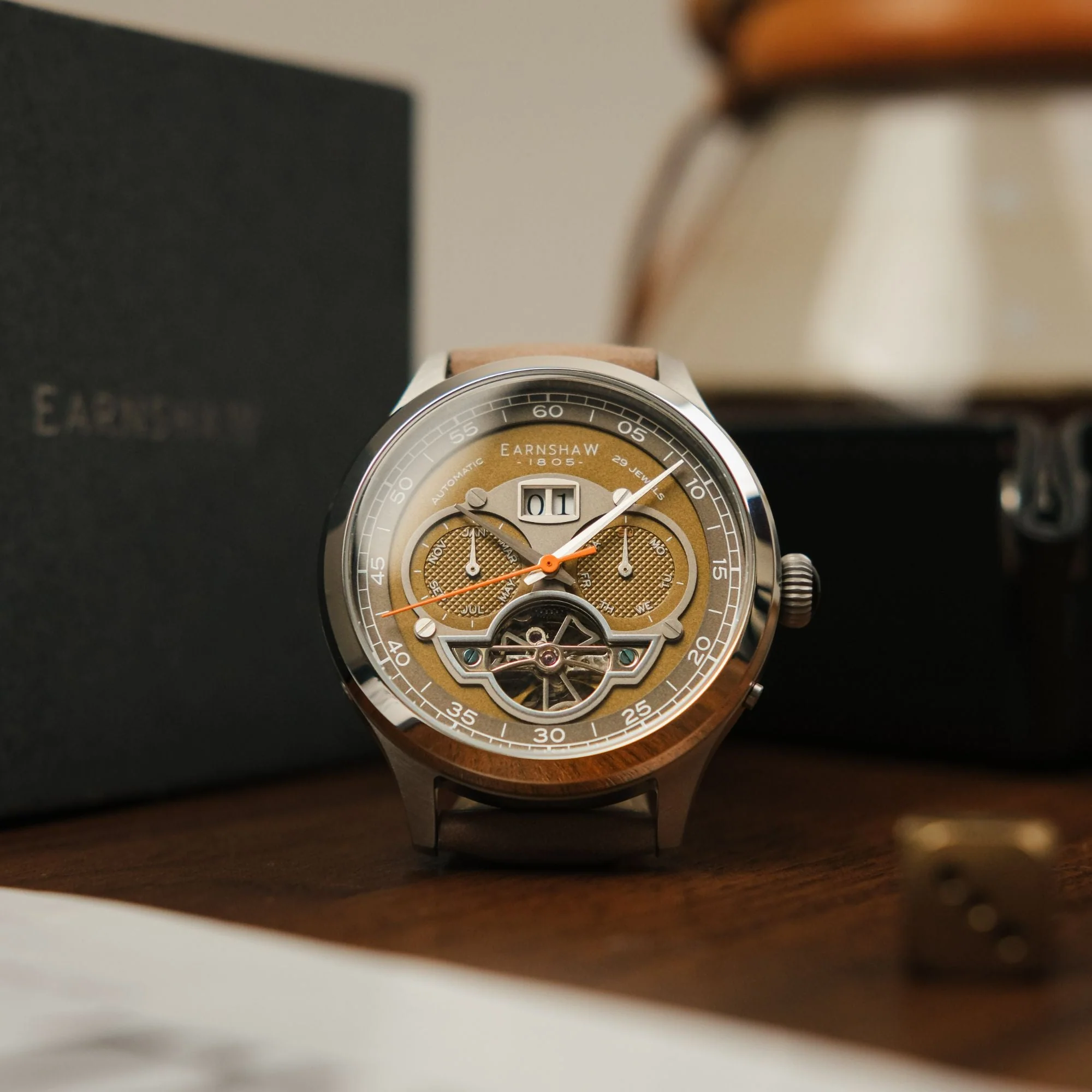 Baron Grand Date Calendar Open Heart Automatic Gray / Tan Leather | Gray Dial - Image 4