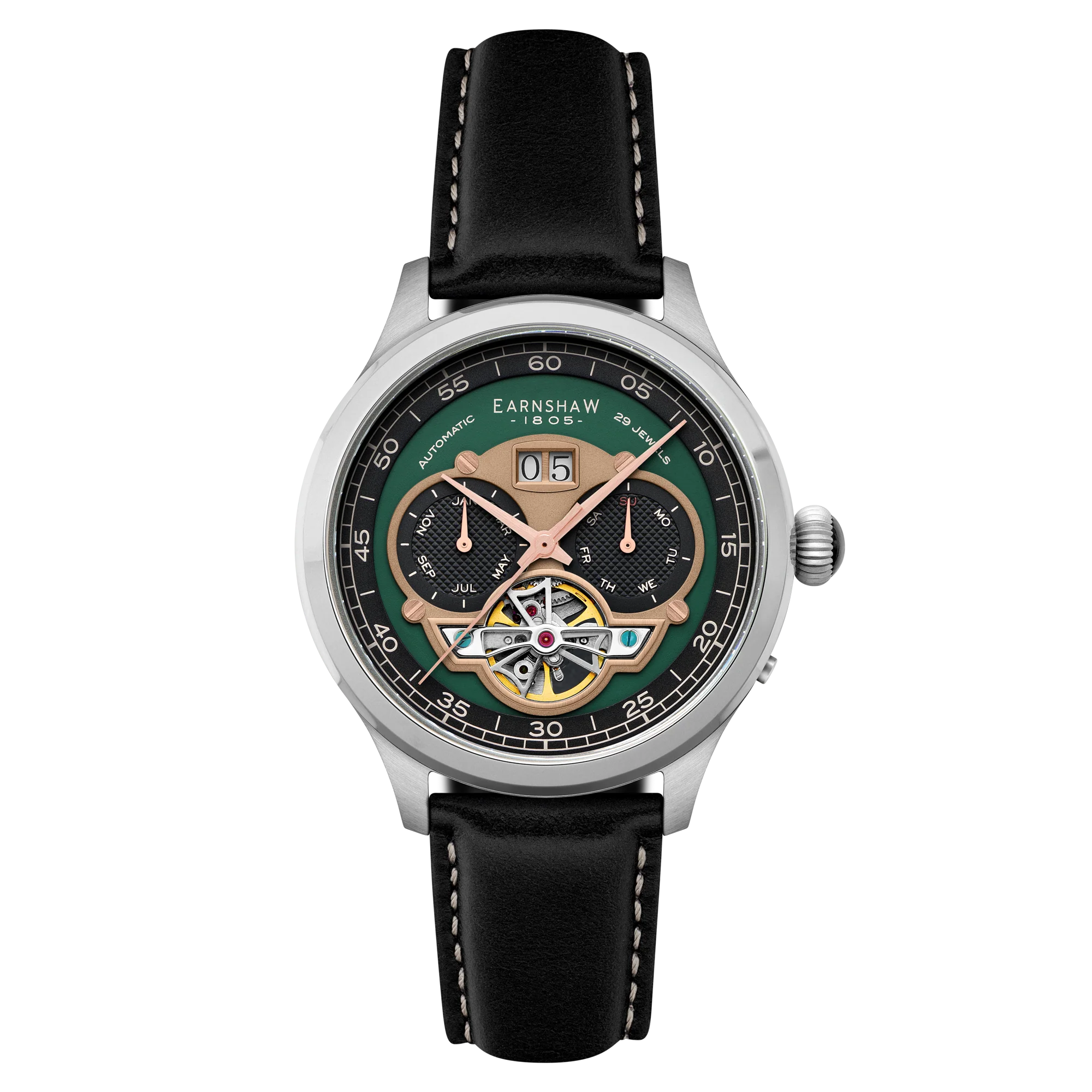 Baron Grand Date Calendar Open Heart Automatic Green / Black Leather | Green Dial