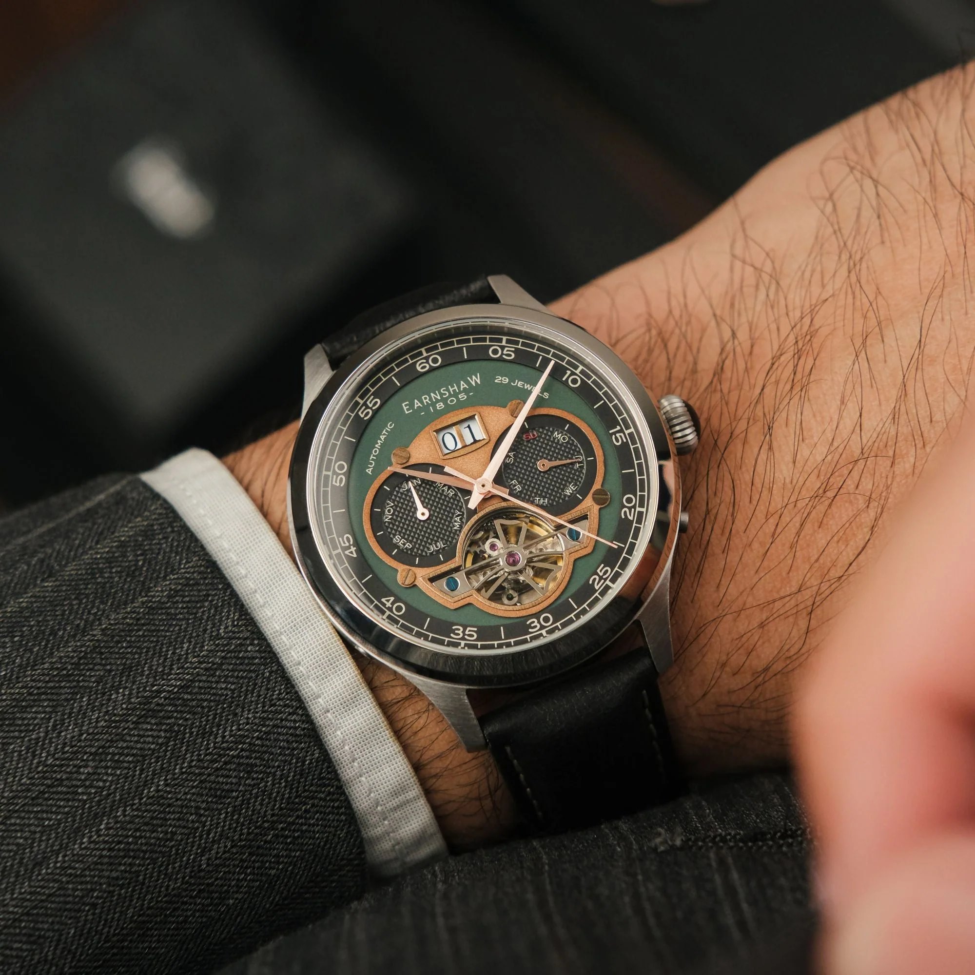 Baron Grand Date Calendar Open Heart Automatic Green / Black Leather | Green Dial - Image 2