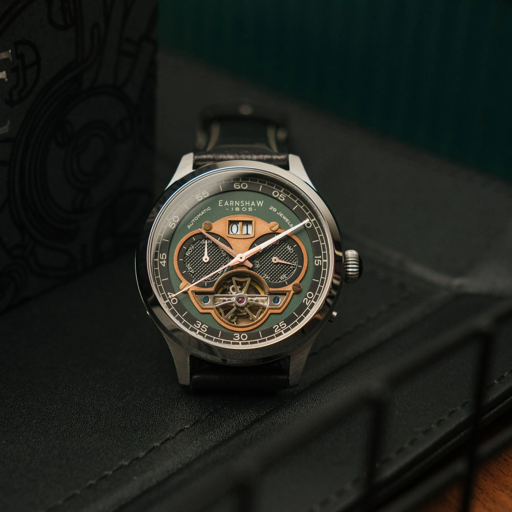 Baron Grand Date Calendar Open Heart Automatic Green / Black Leather | Green Dial - Image 4