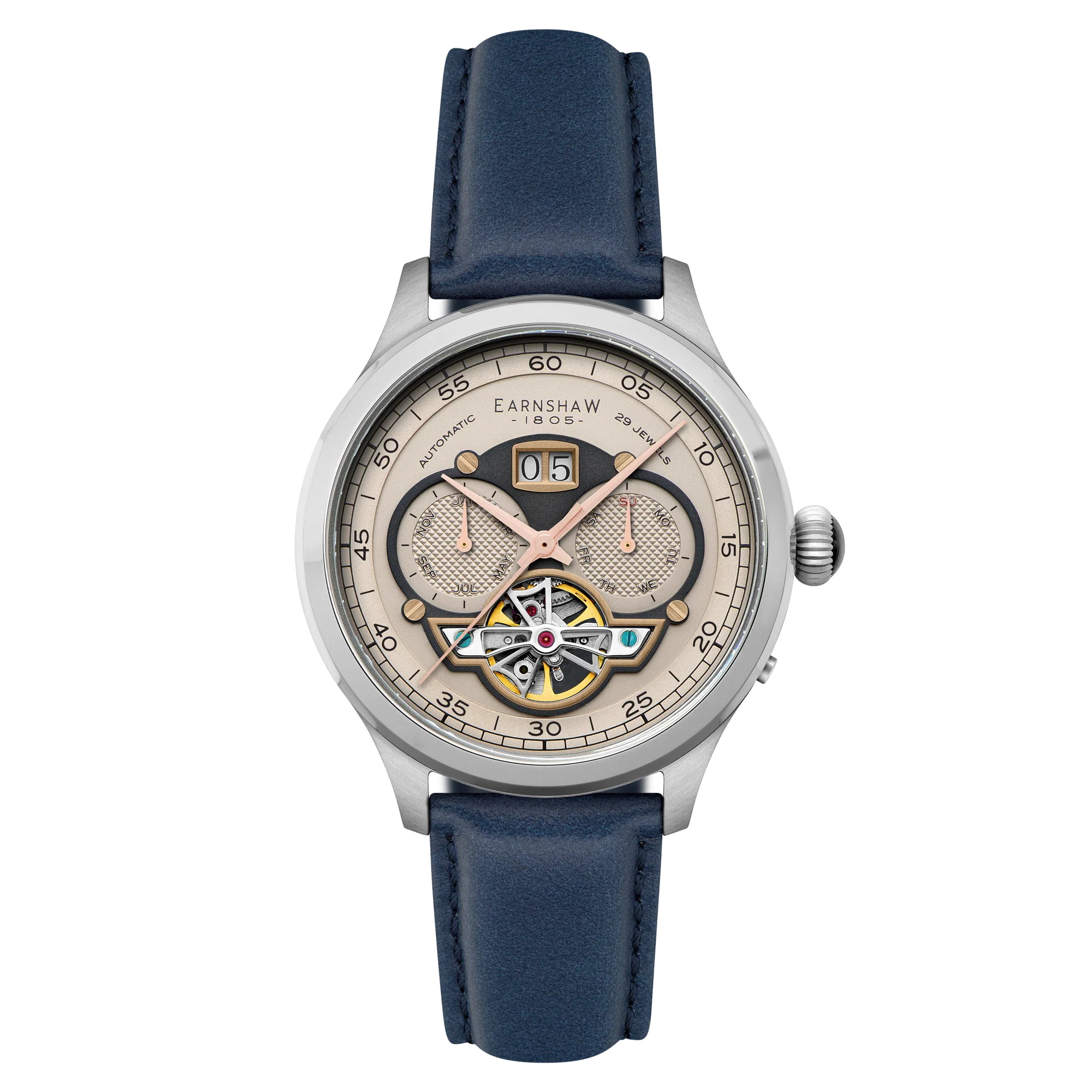 Baron Grand Date Calendar Open Heart Automatic Rose Gold / Blue Leather | Rose Gold Dial