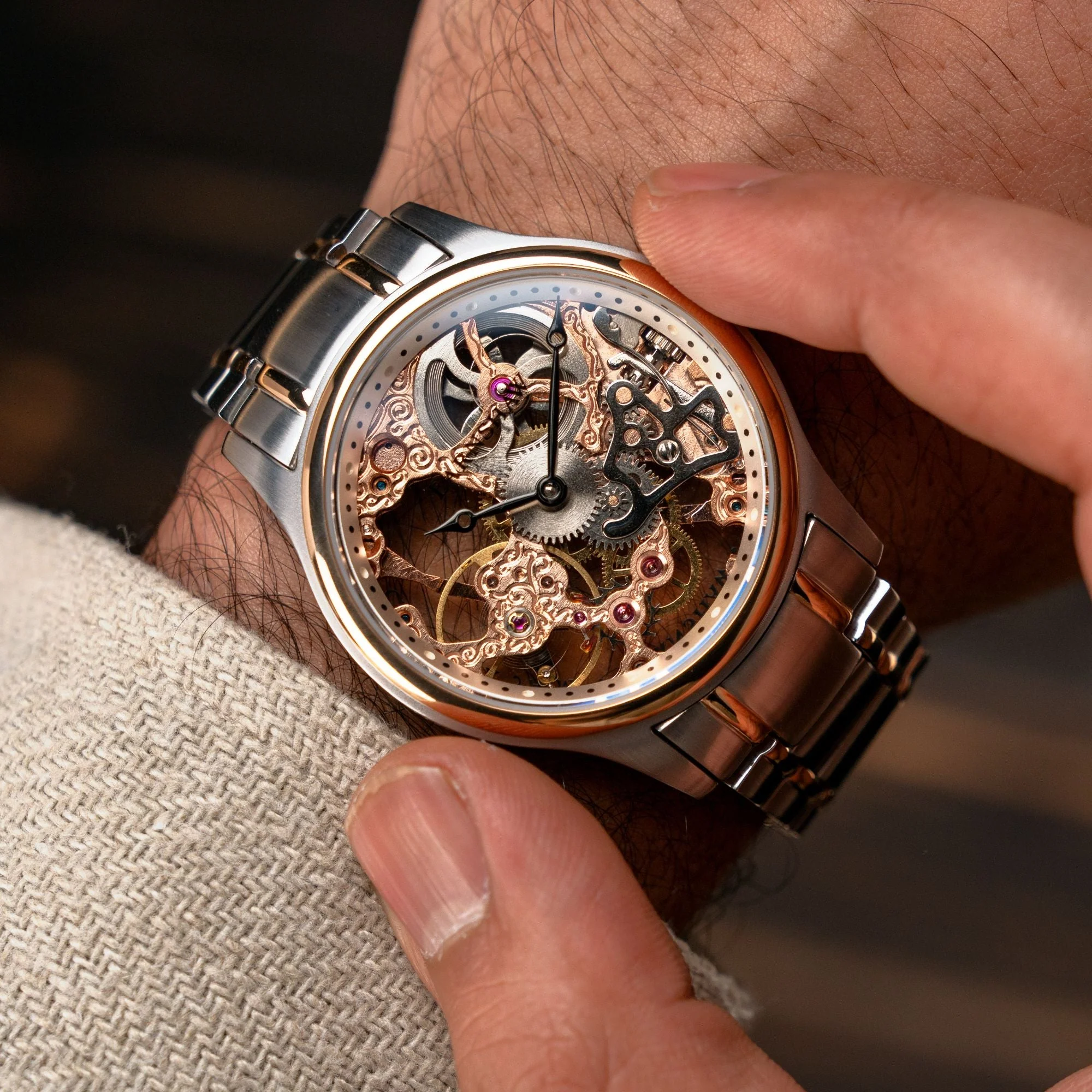 Bauer Mechanical Skeleton Rose Gold / Stainless Steel | Rose Gold Dial - Image 3