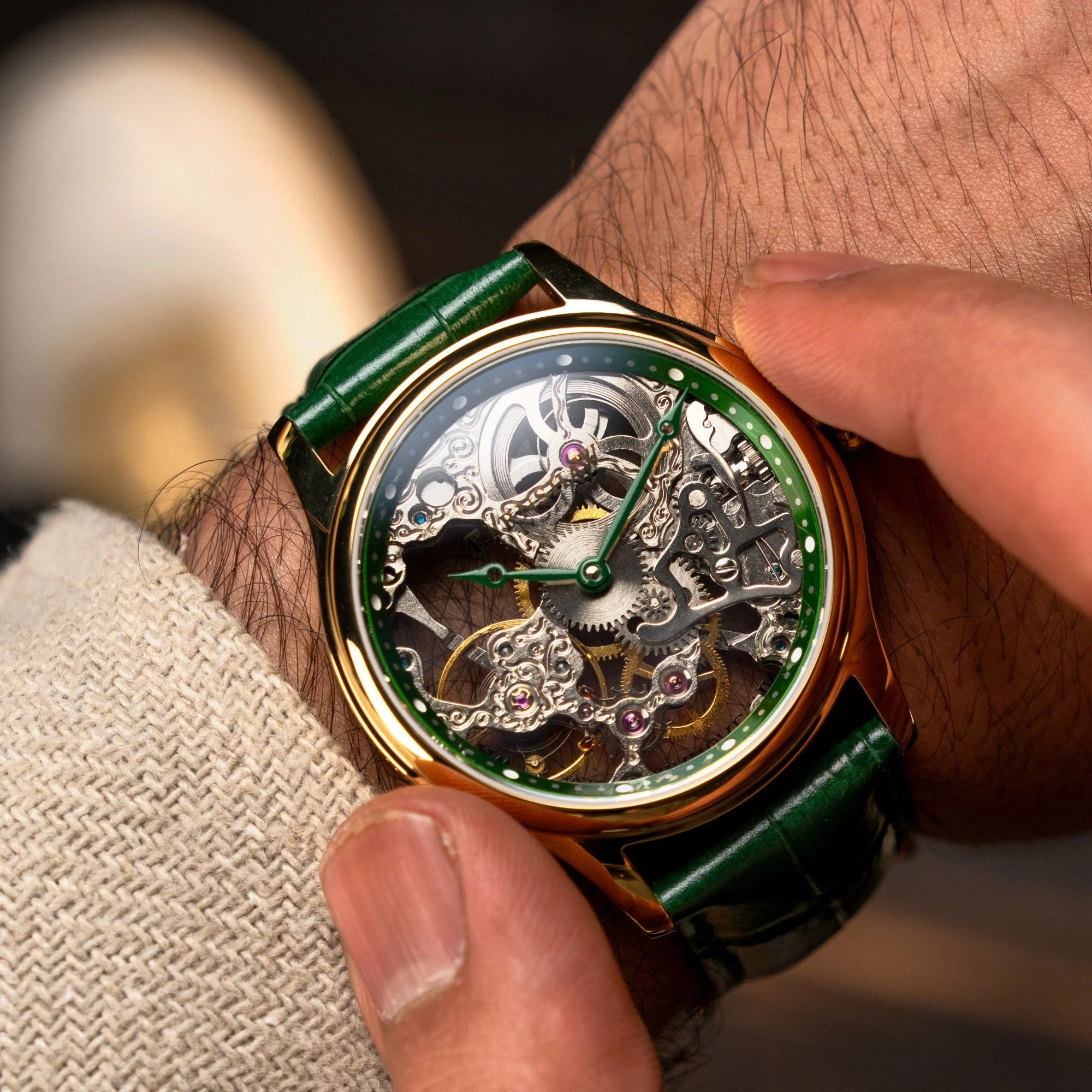 Bauer Mechanical Skeleton Silver / Genuine Leather Silver Dial - Image 2