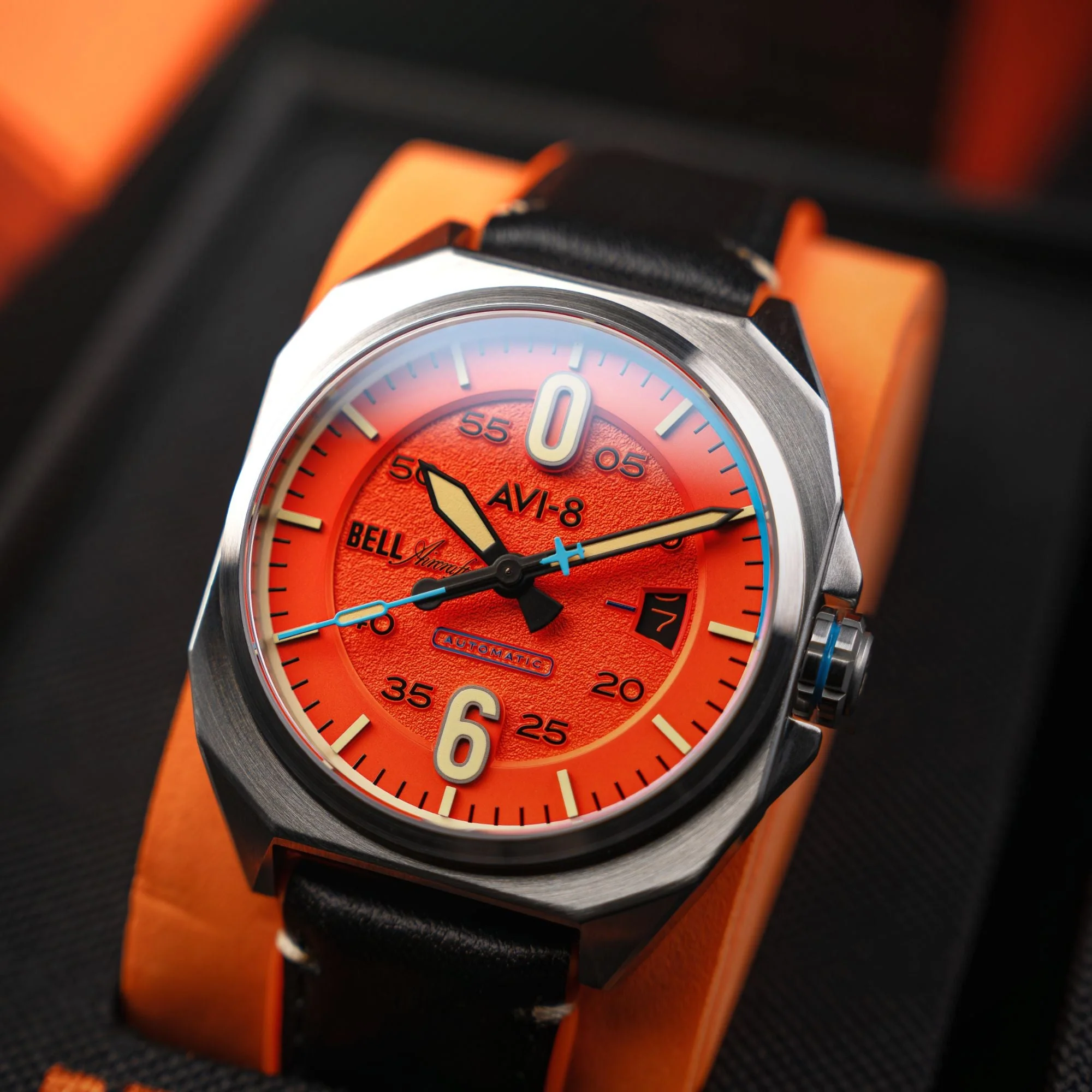 Bell X-1 Machbuster Automatic Orange / Black Hybrid leather and rubber strap | Orange Dial - Image 3