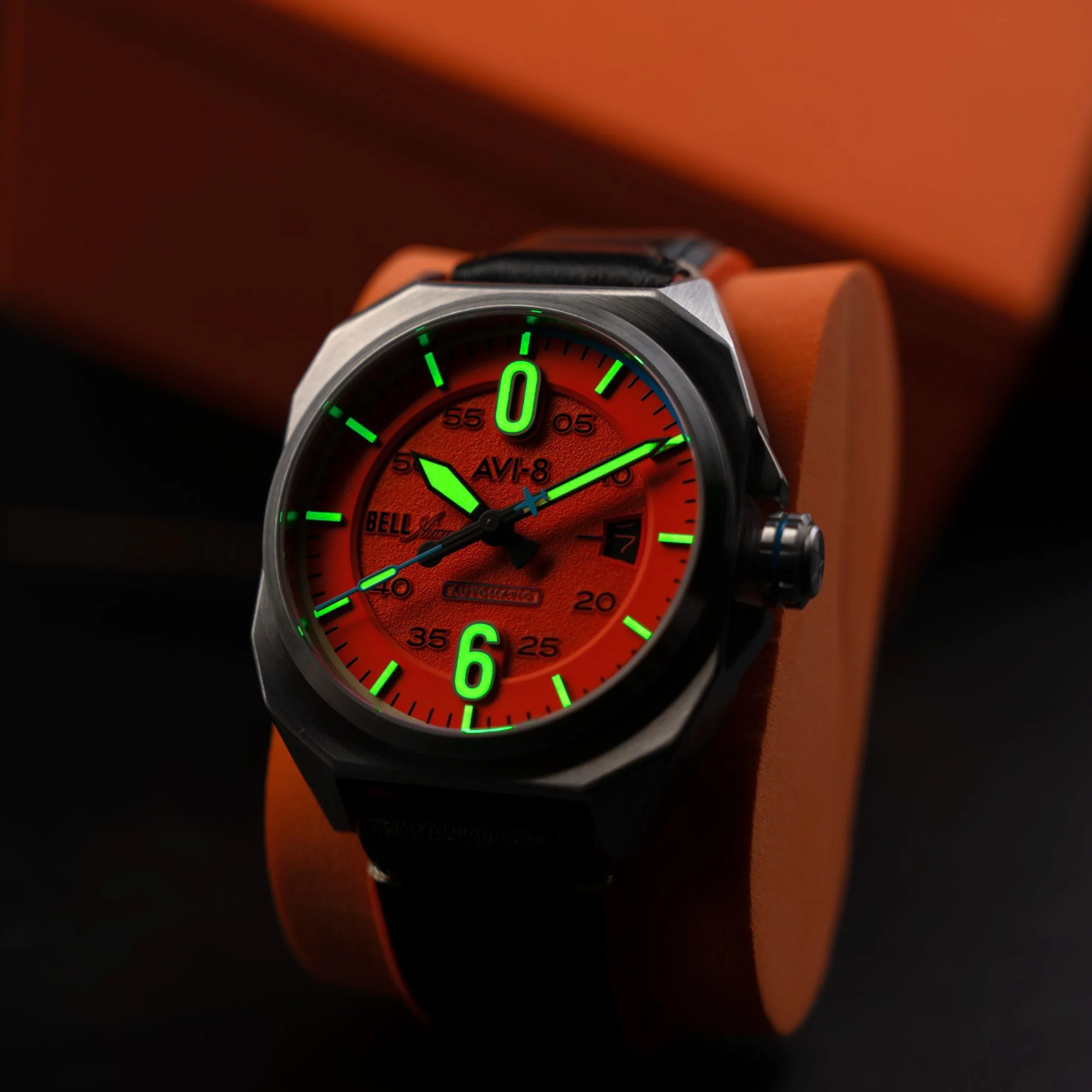 Bell X-1 Machbuster Automatic Orange / Black Hybrid leather and rubber strap | Orange Dial - Image 4