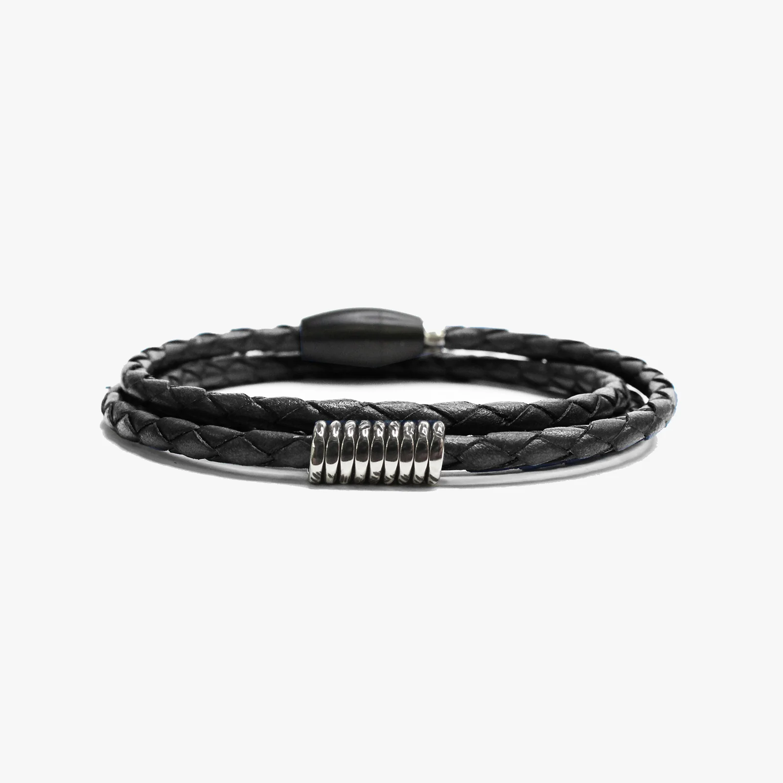 Braided Black Leather w/ Sterling Coil M (7.25" Wrist) | Dial