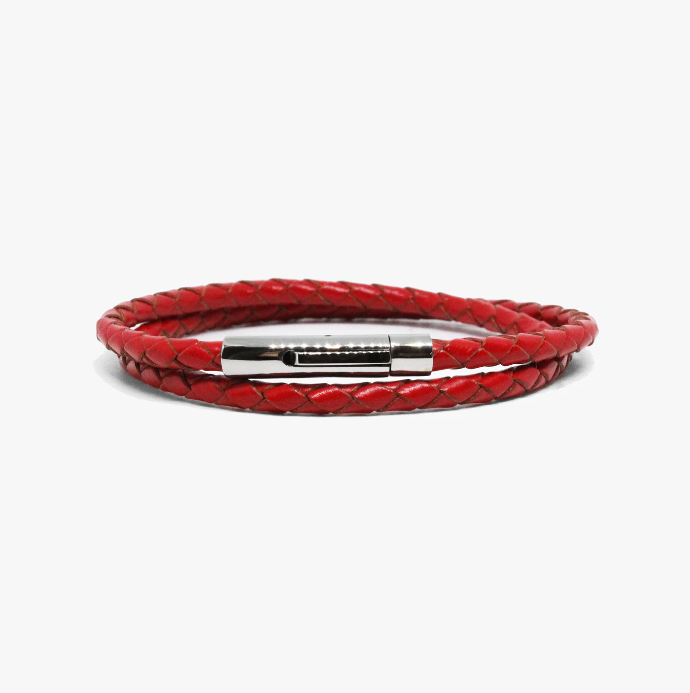 Braided Red Leather, Polished Silver Clasp Bracelet M (7.25" Wrist) | Dial