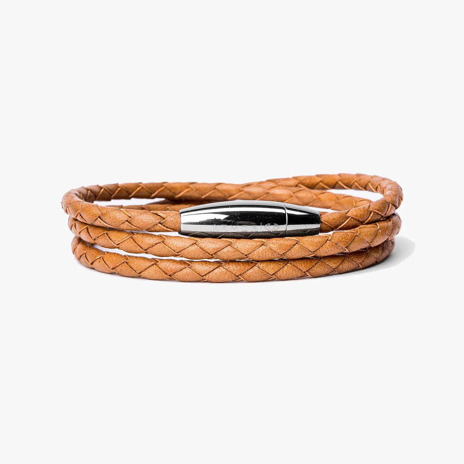Braided Tobacco Leather Wrap, Polished Steel M (7.25" Wrist) | Dial