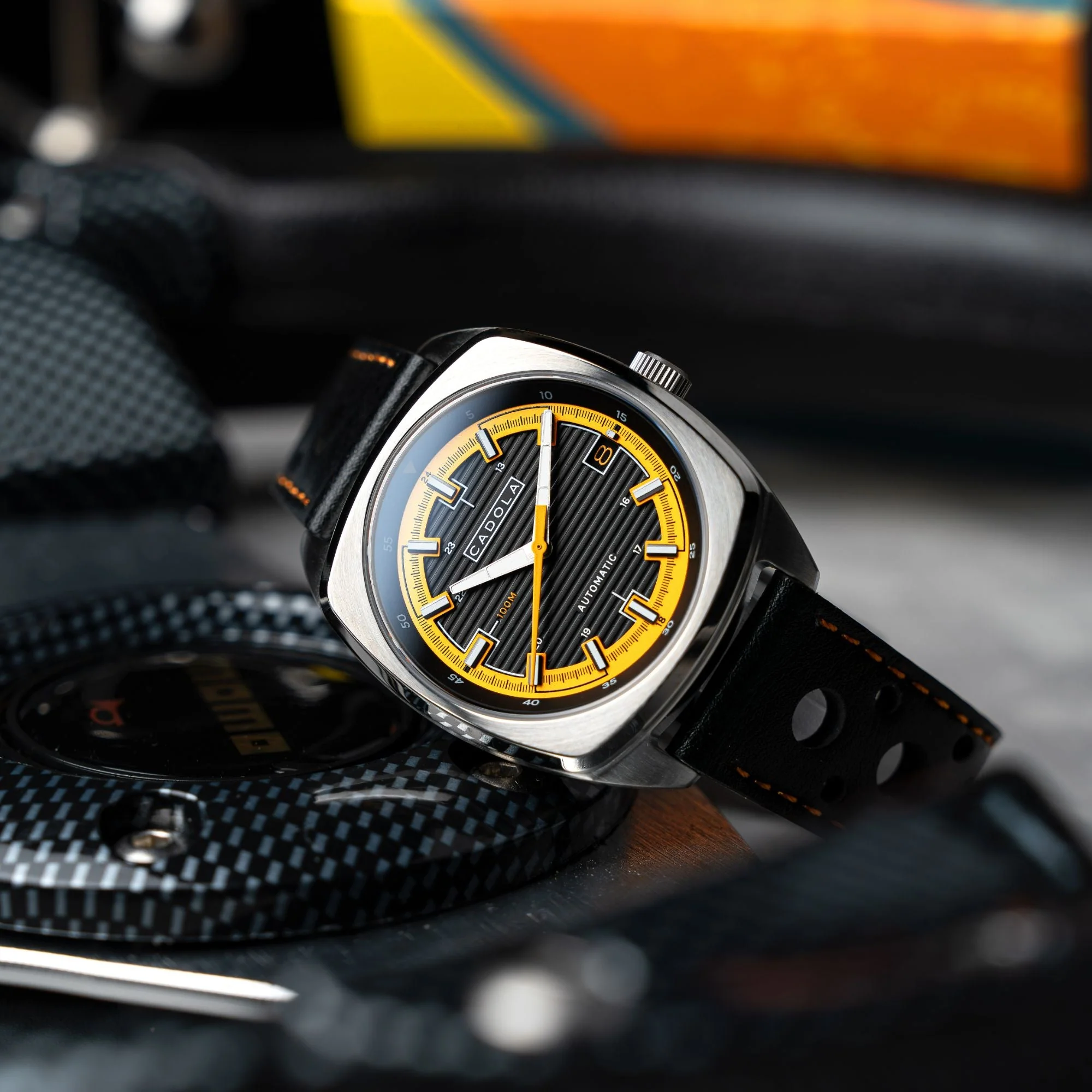 Buxton Automatic Black & Orange / Black Leather | Black Dial - Image 2
