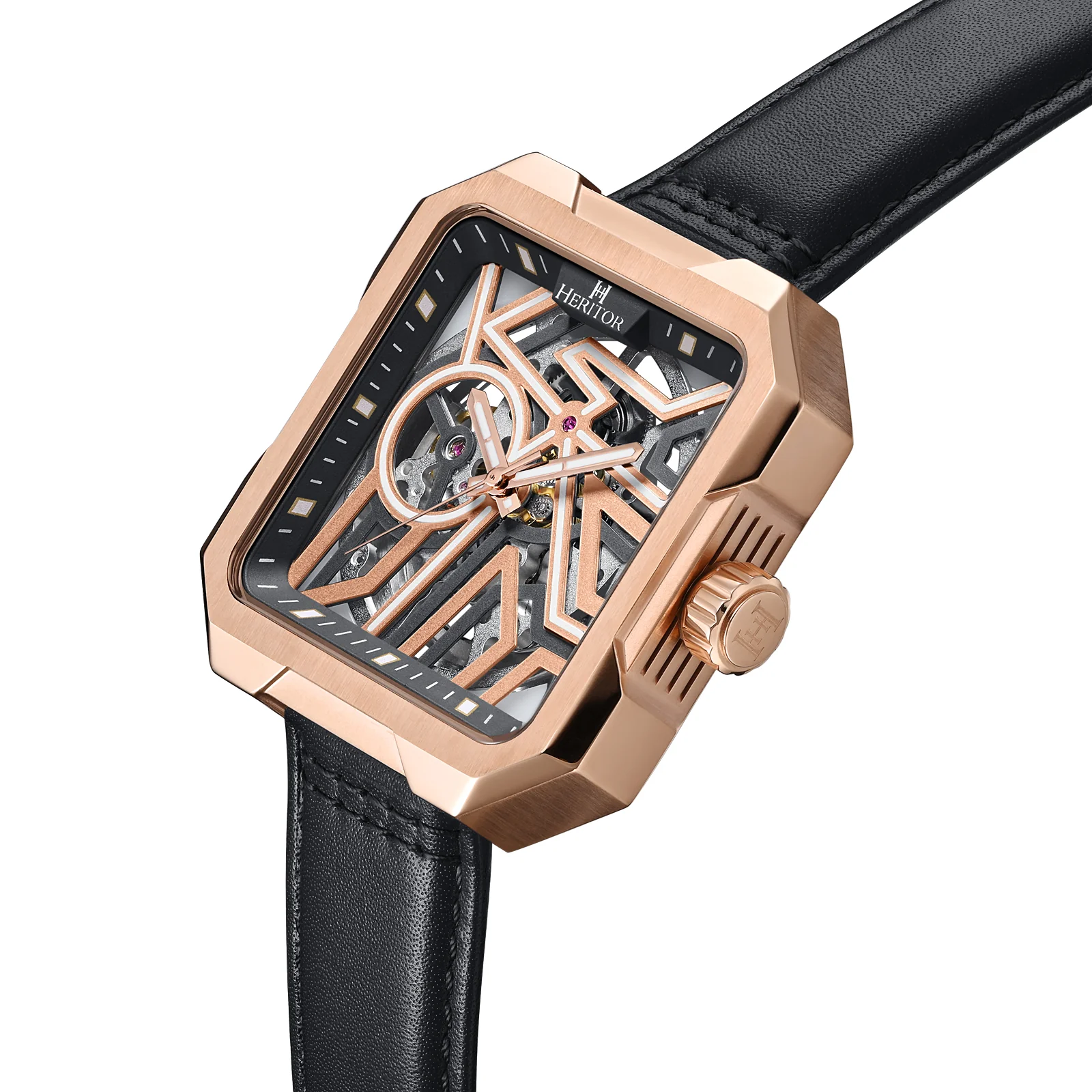 Campbell Leather-Band Skeleton Watch Rose Gold/Black | Rose Gold Dial - Image 2