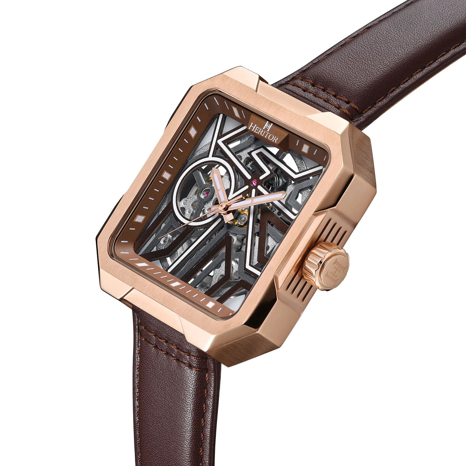 Campbell Leather-Band Skeleton Watch Rose Gold/Brown | Brown Dial - Image 2
