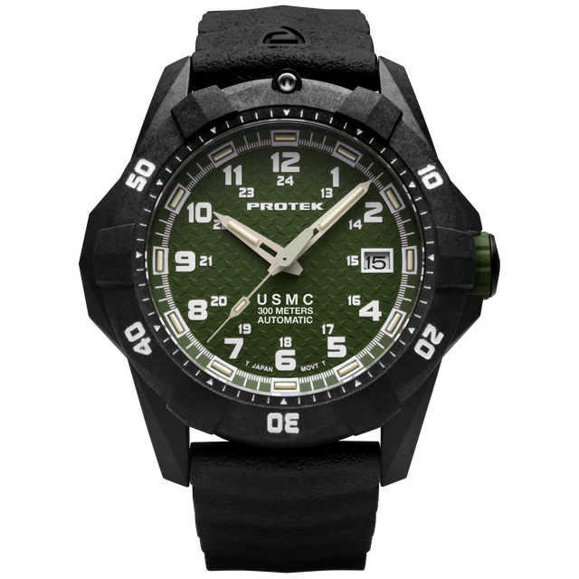 CARBON COMPOSITE USMC AUTOMATIC DIVE 1210 SERIES CARBON CASE/GREEN DIAL/BLACK STRAP | Green Dial