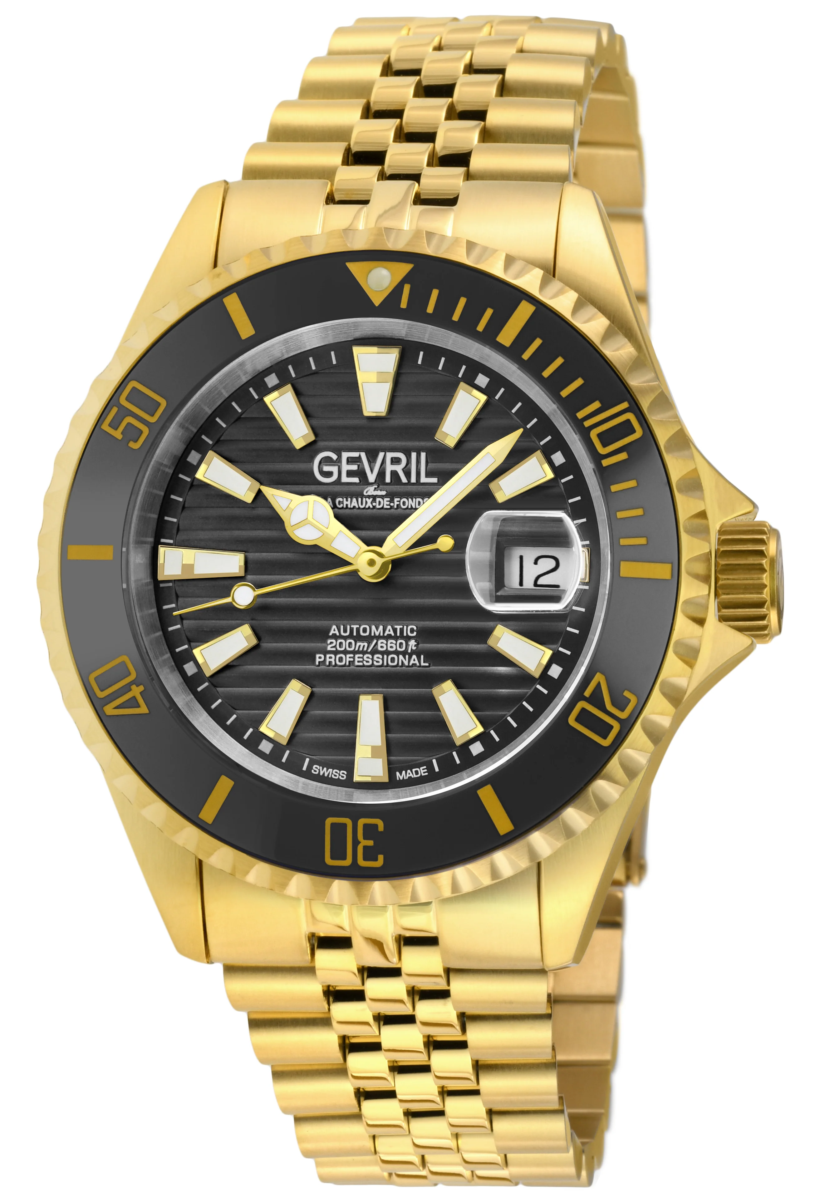 Chambers Gevril Swiss Made Sellita SW200 Ceramic rotation bezel 200 Meter diver watch exhibition case-back IPYG steel | Black Dial