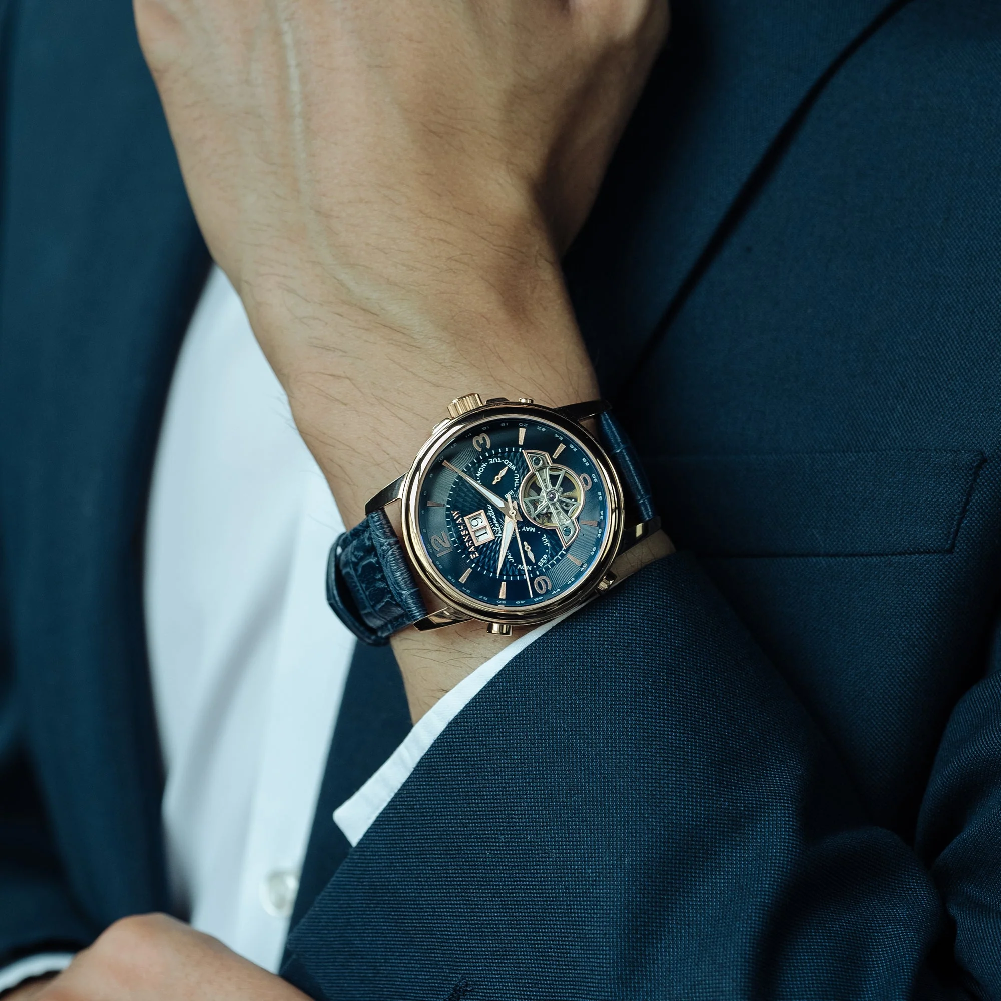 City Of London Marylebone Grand Date Calendar Open Heart Automatic Blue / Genuine Leather Strap Blue Dial - Image 3