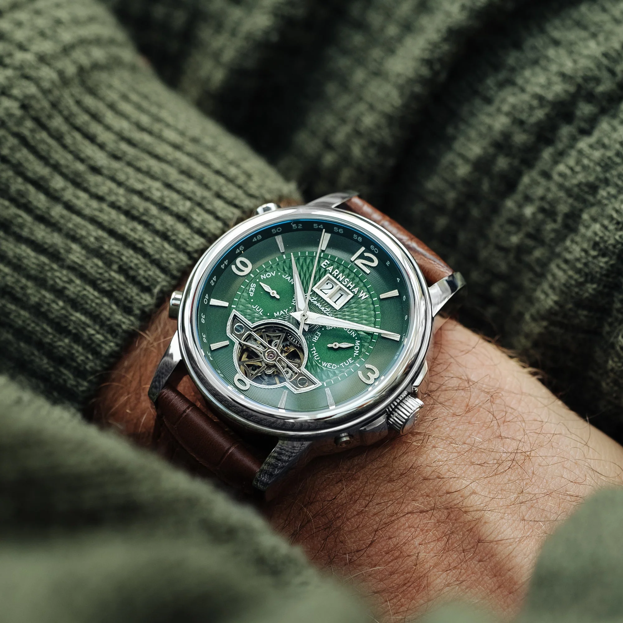 City Of London Marylebone Grand Date Calendar Open Heart Automatic Green / Genuine Leather Strap Green Dial - Image 2