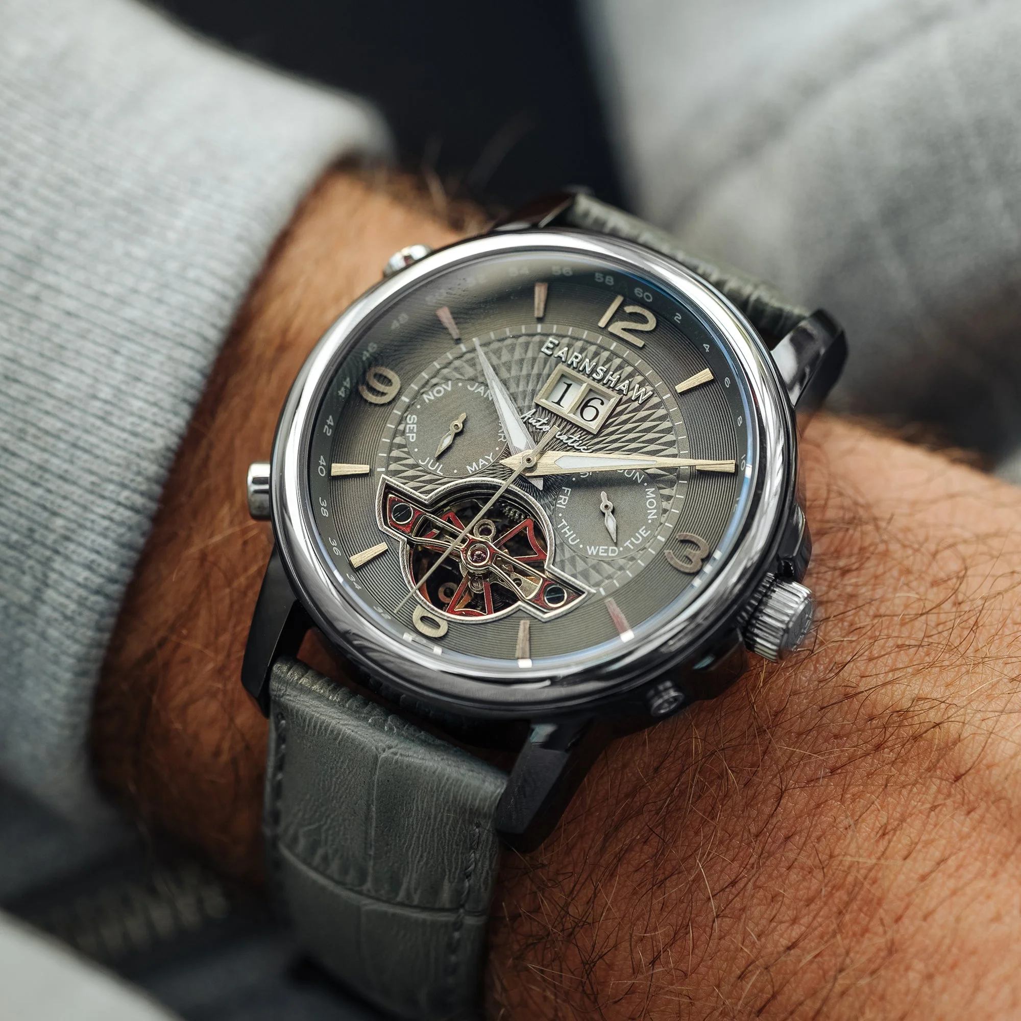 City Of London Marylebone Grand Date Calendar Open Heart Automatic Grey / Genuine Leather Strap | Grey Dial - Image 2