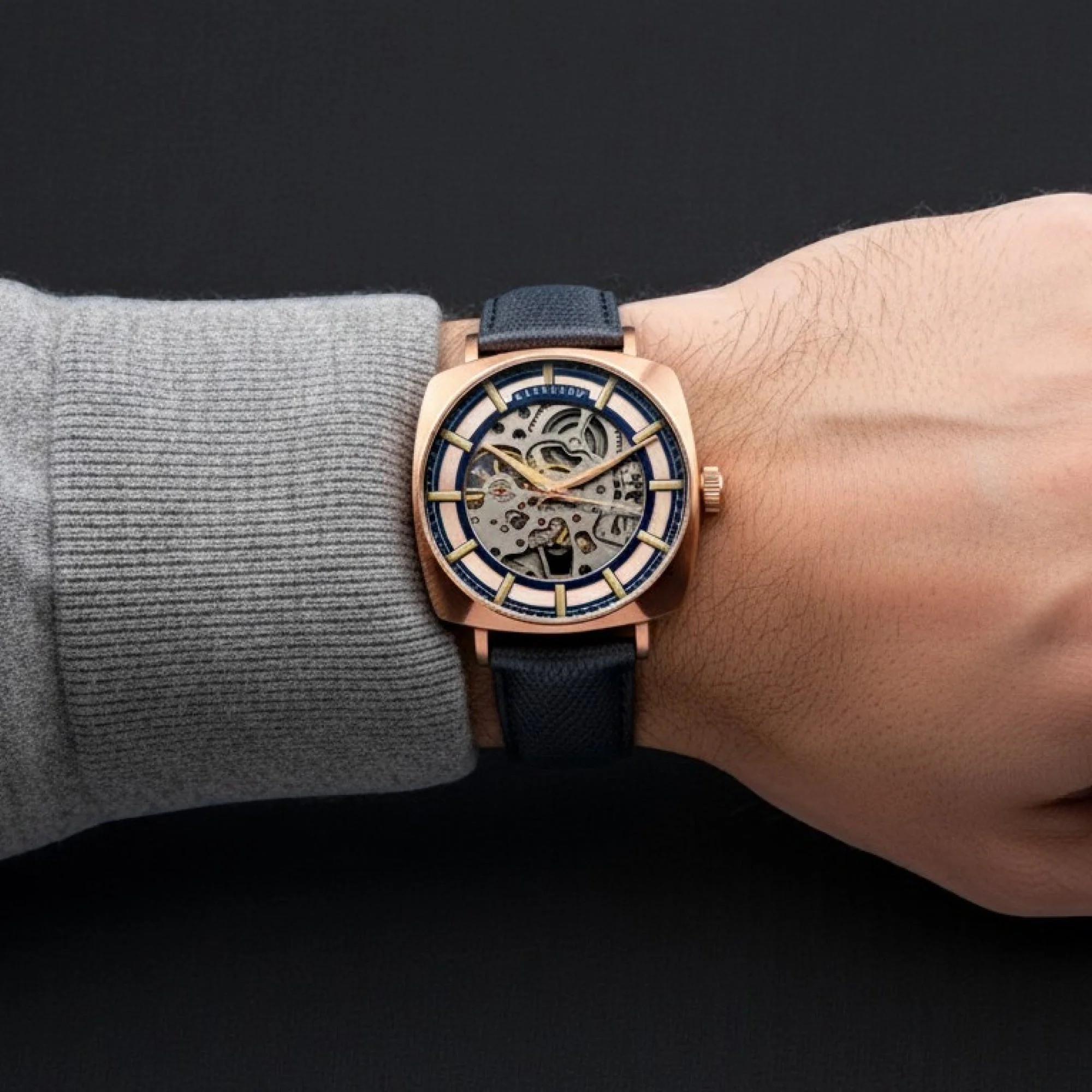 City Of London Moorgate Skeleton Automatic Rose Gold / Genuine Leather Strap | Rose Gold Dial - Image 2