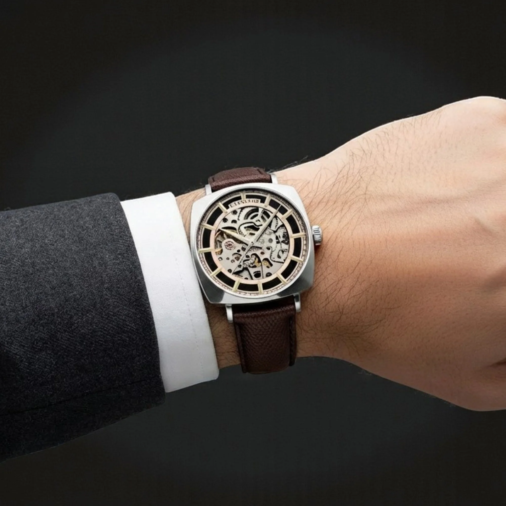 City Of London Moorgate Skeleton Automatic Rose Gold / Genuine Leather Strap Rose Gold Dial - Image 2