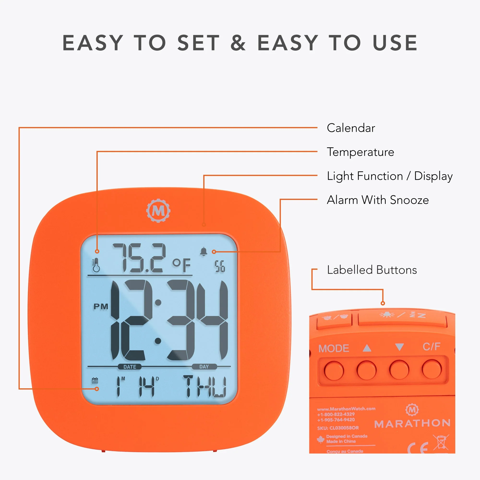Compact Alarm Clock with Temperature and Date Clock, LCD, Alarm, Mini, Orange (25/50) - Image 4