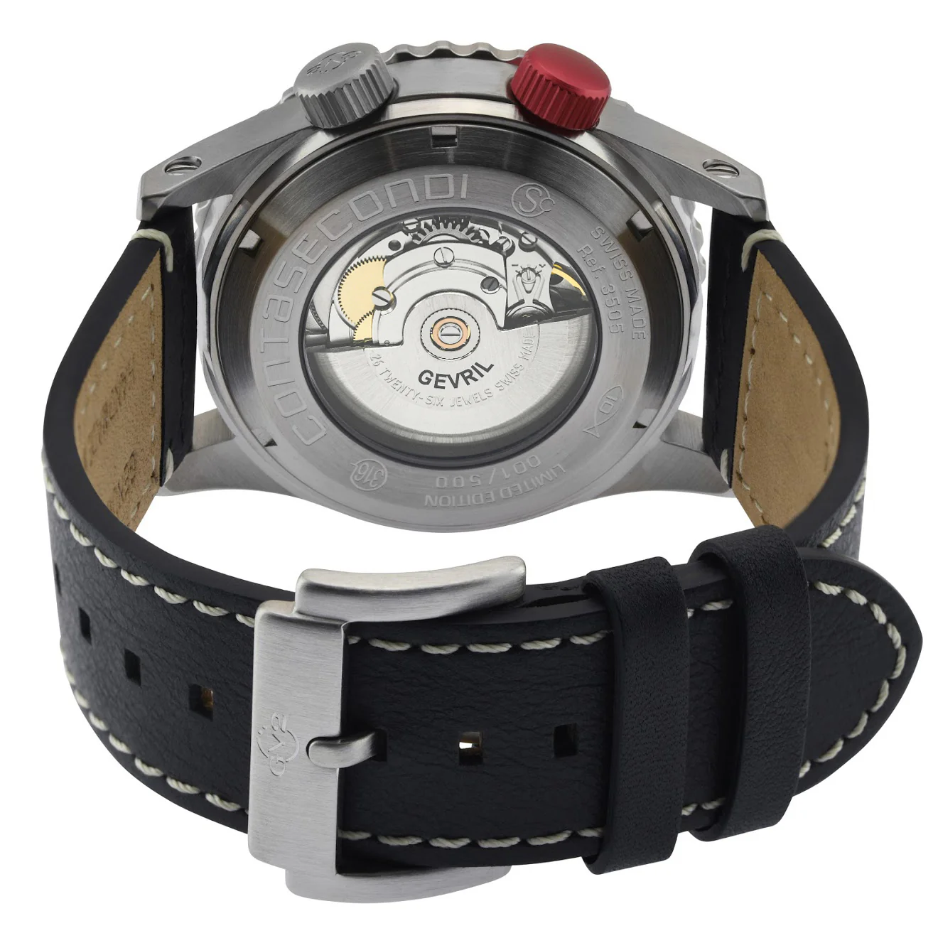 Contasecondi GV2 Contasecondi Men's Black/Red Dial Black Calfskin Leather Watch | Black Dial - Image 3