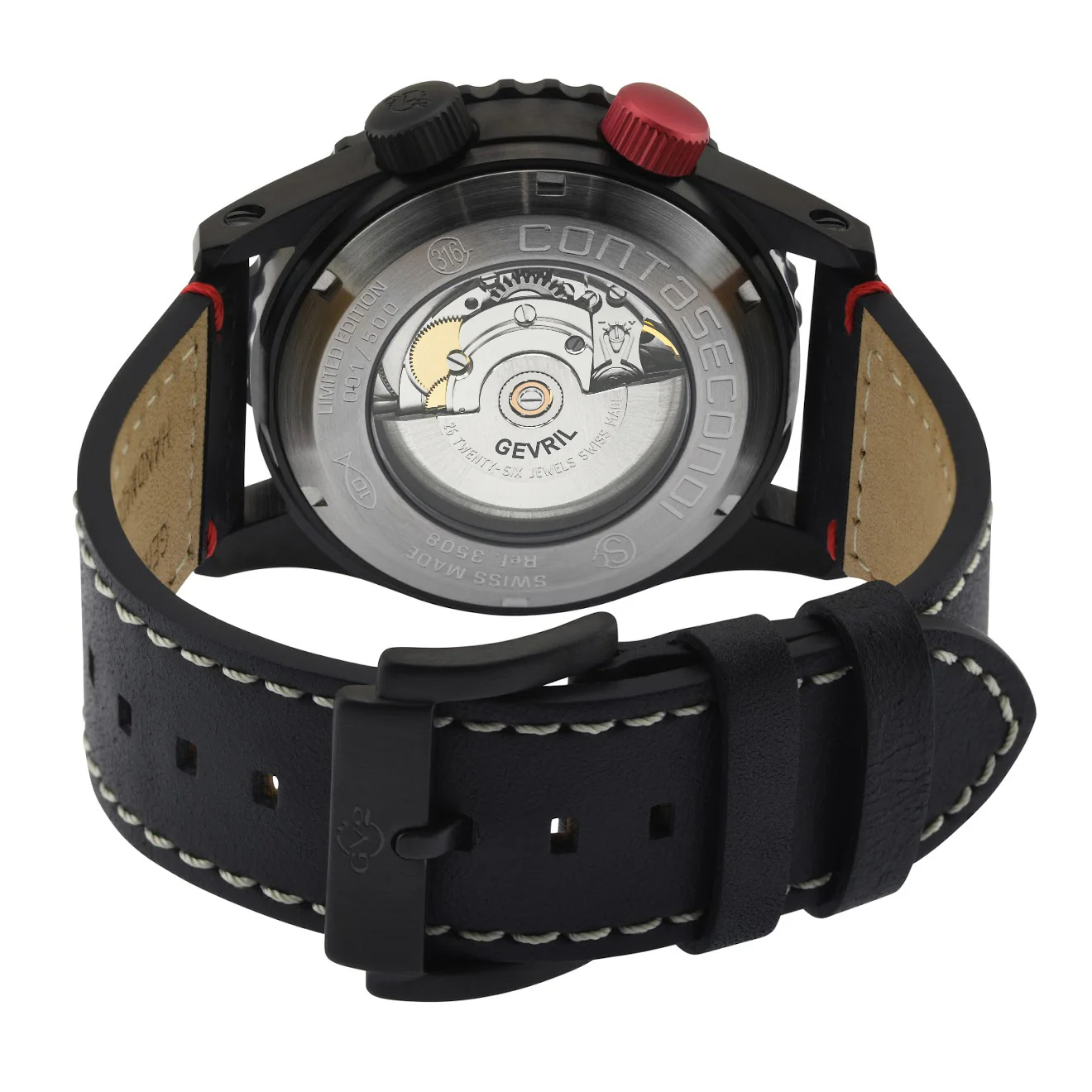 Contasecondi GV2 Contasecondi Men's Silver/Red Dial Black Calfskin Leather Watch | Silver Dial - Image 3
