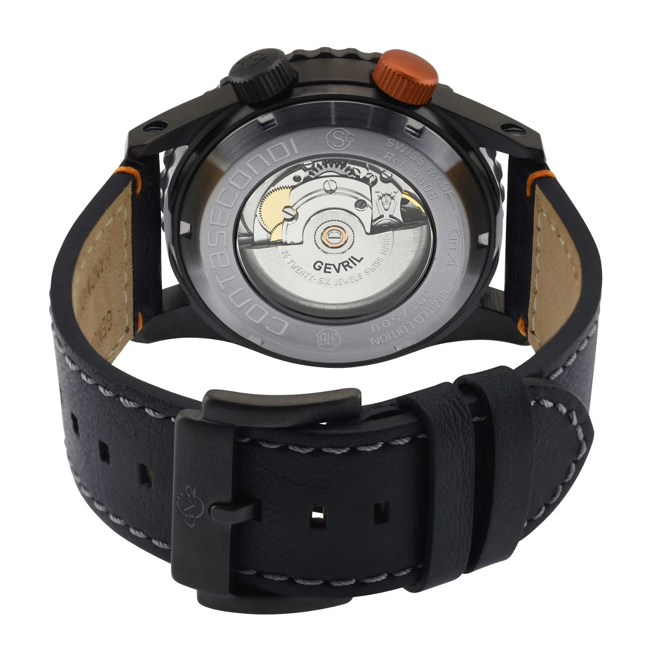 Contasecondi GV2 Contasecondi Men's Grey/Orange Dial Black Calfskin Leather Watch - Image 3