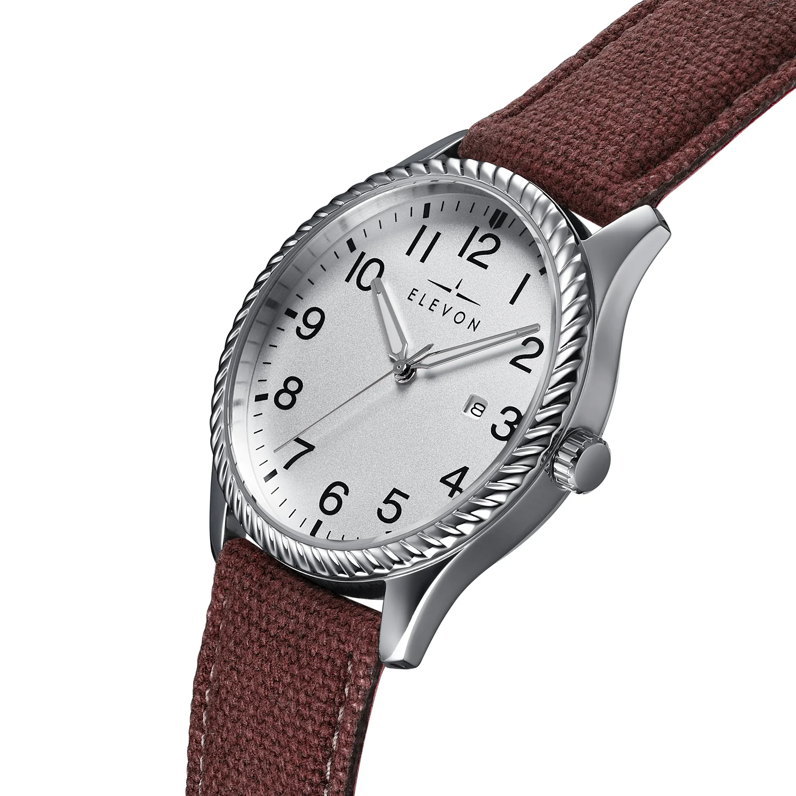 Crosswind Canvas-Overlaid Leather-Band Watch w/ Date Silver/Brown | Silver Dial - Image 2