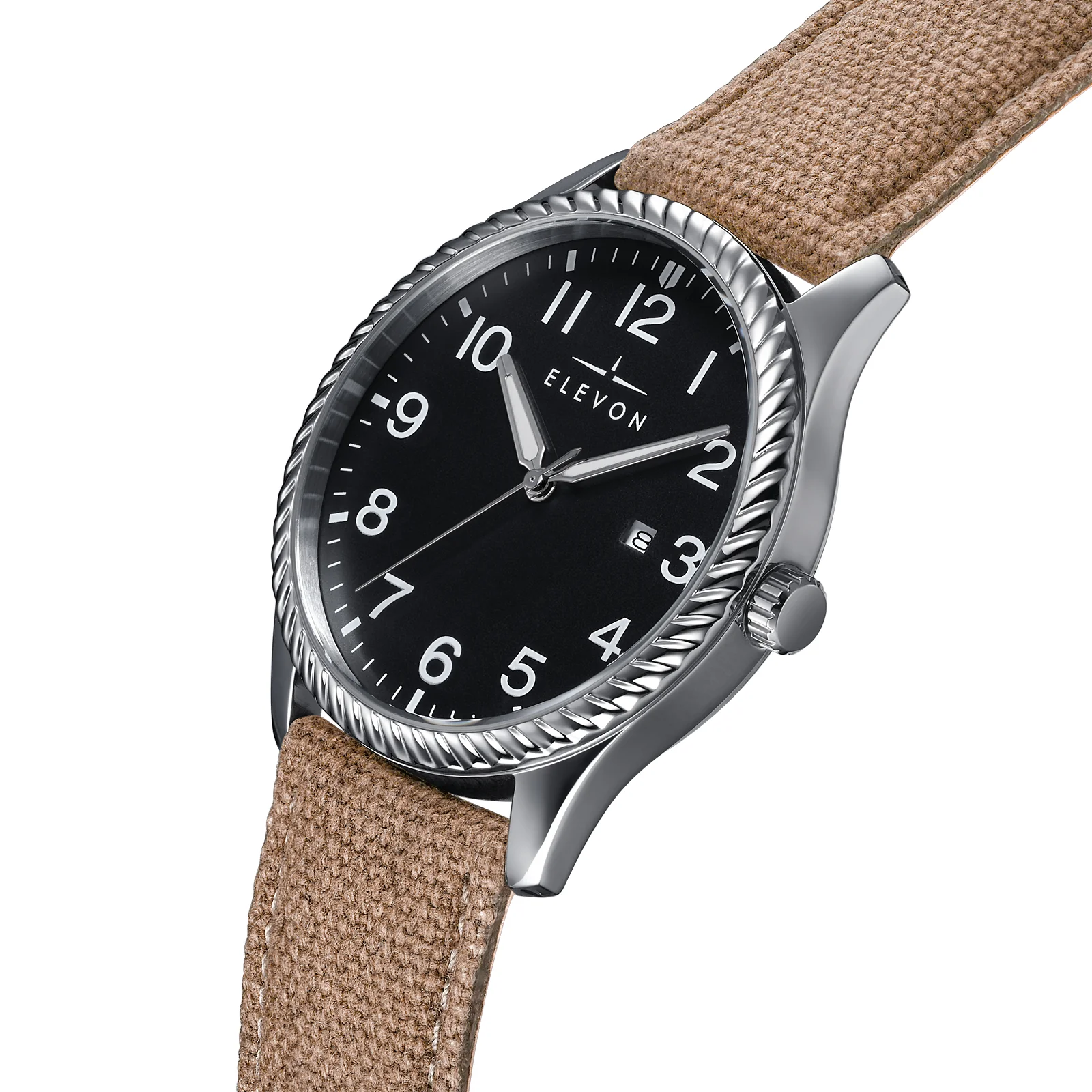 Crosswind Canvas-Overlaid Leather-Band Watch w/ Date Black/Khaki | Black Dial - Image 2