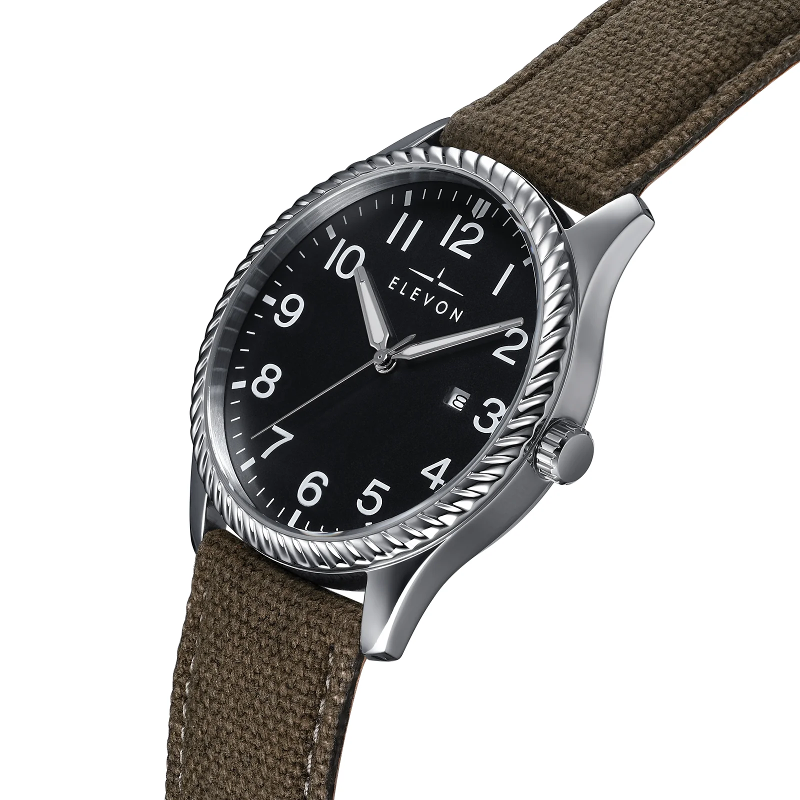 Crosswind Canvas-Overlaid Leather-Band Watch w/ Date Black/Olive | Black Dial - Image 2