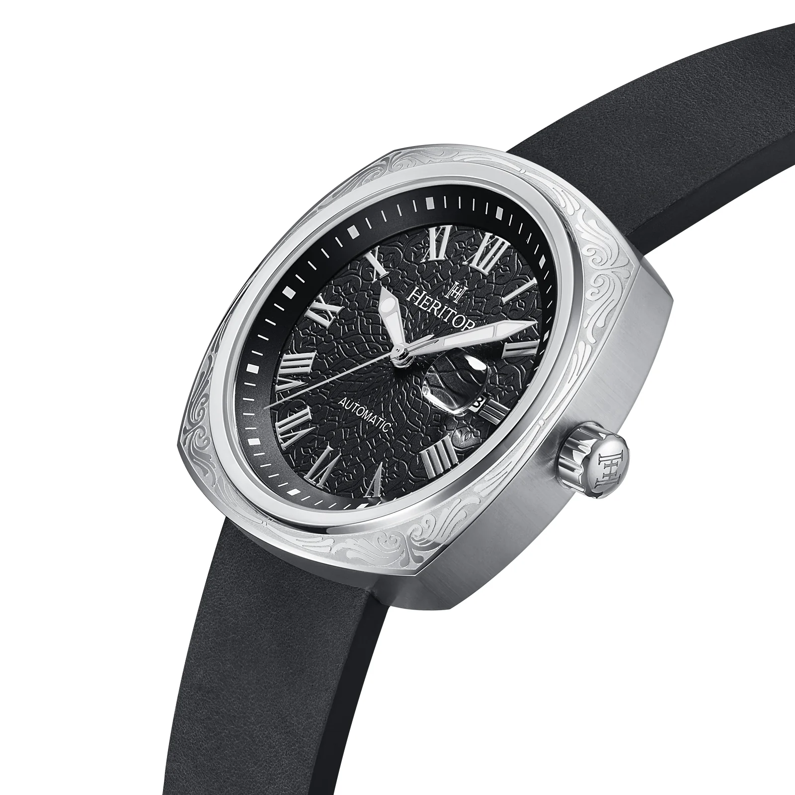 Davenport Engraved-Case Leather-Band Watch w/ Date Silver/Black | Black Dial - Image 2
