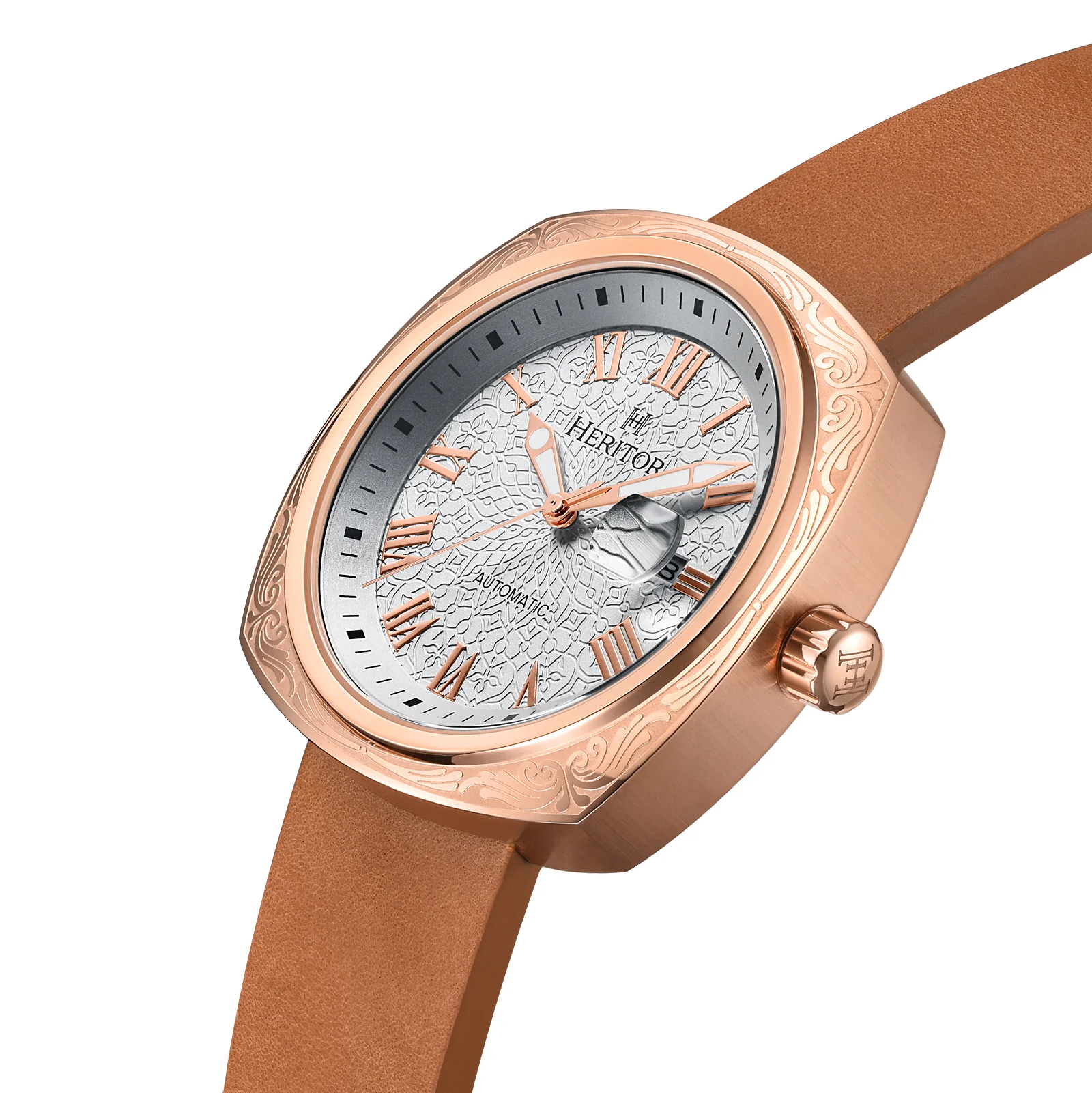 Davenport Engraved-Case Leather-Band Watch w/ Date Rose Gold/Light Brown | Silver Dial - Image 2