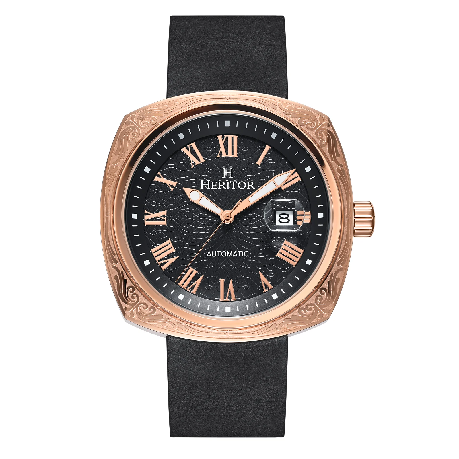 Davenport Engraved-Case Leather-Band Watch w/ Date Rose Gold/Black | Black Dial