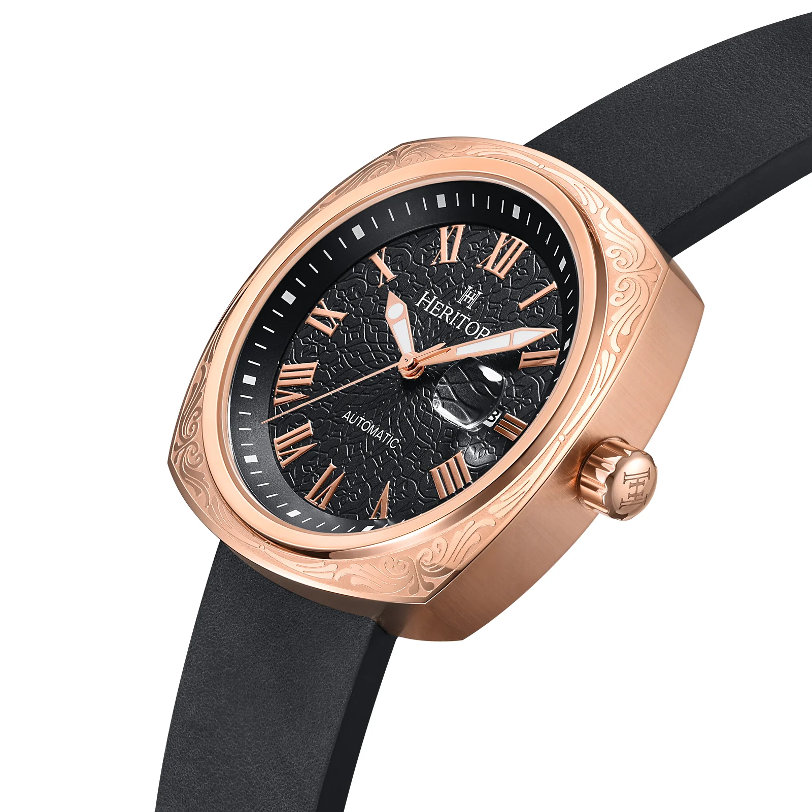 Davenport Engraved-Case Leather-Band Watch w/ Date Rose Gold/Black | Black Dial - Image 2