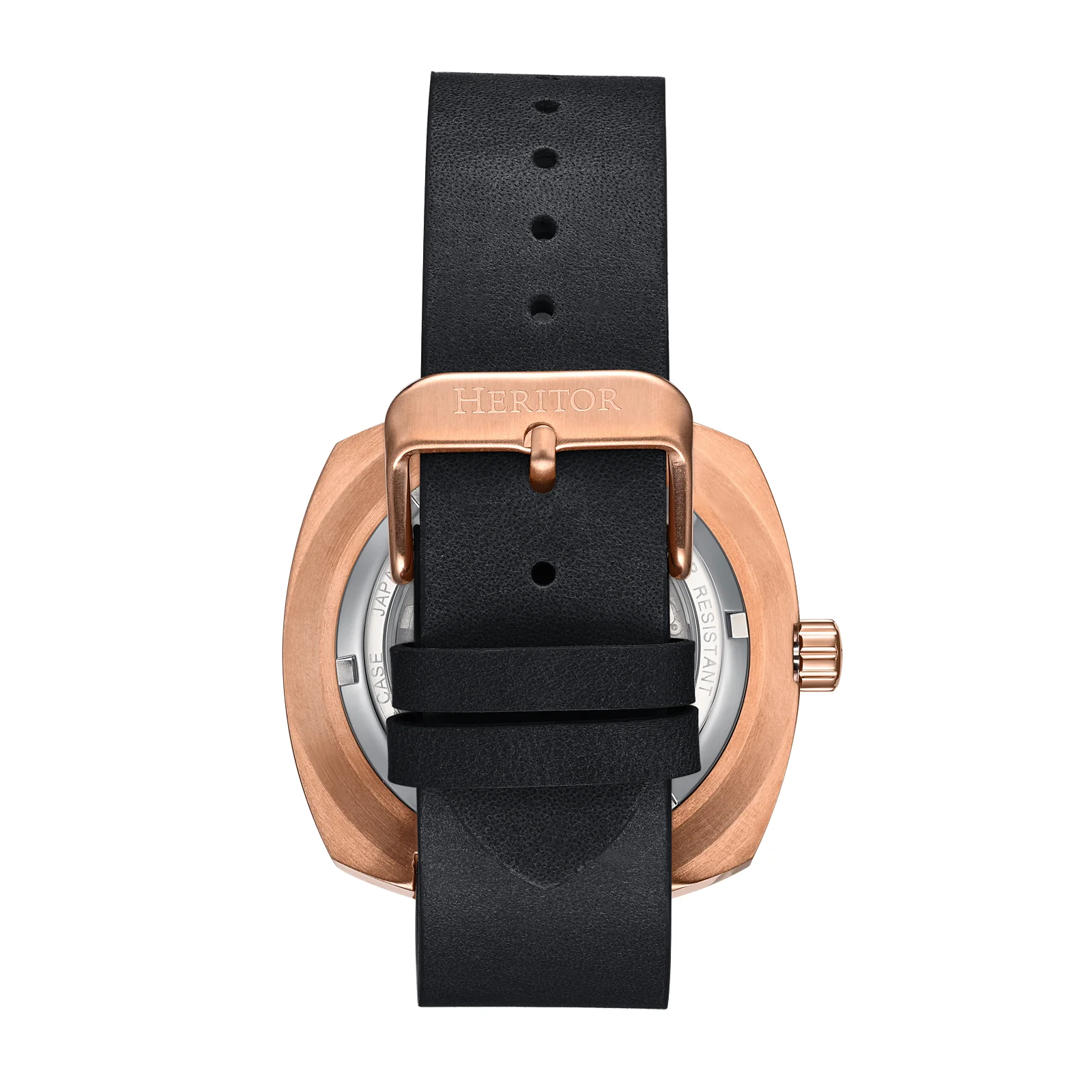 Davenport Engraved-Case Leather-Band Watch w/ Date Rose Gold/Black | Black Dial - Image 3