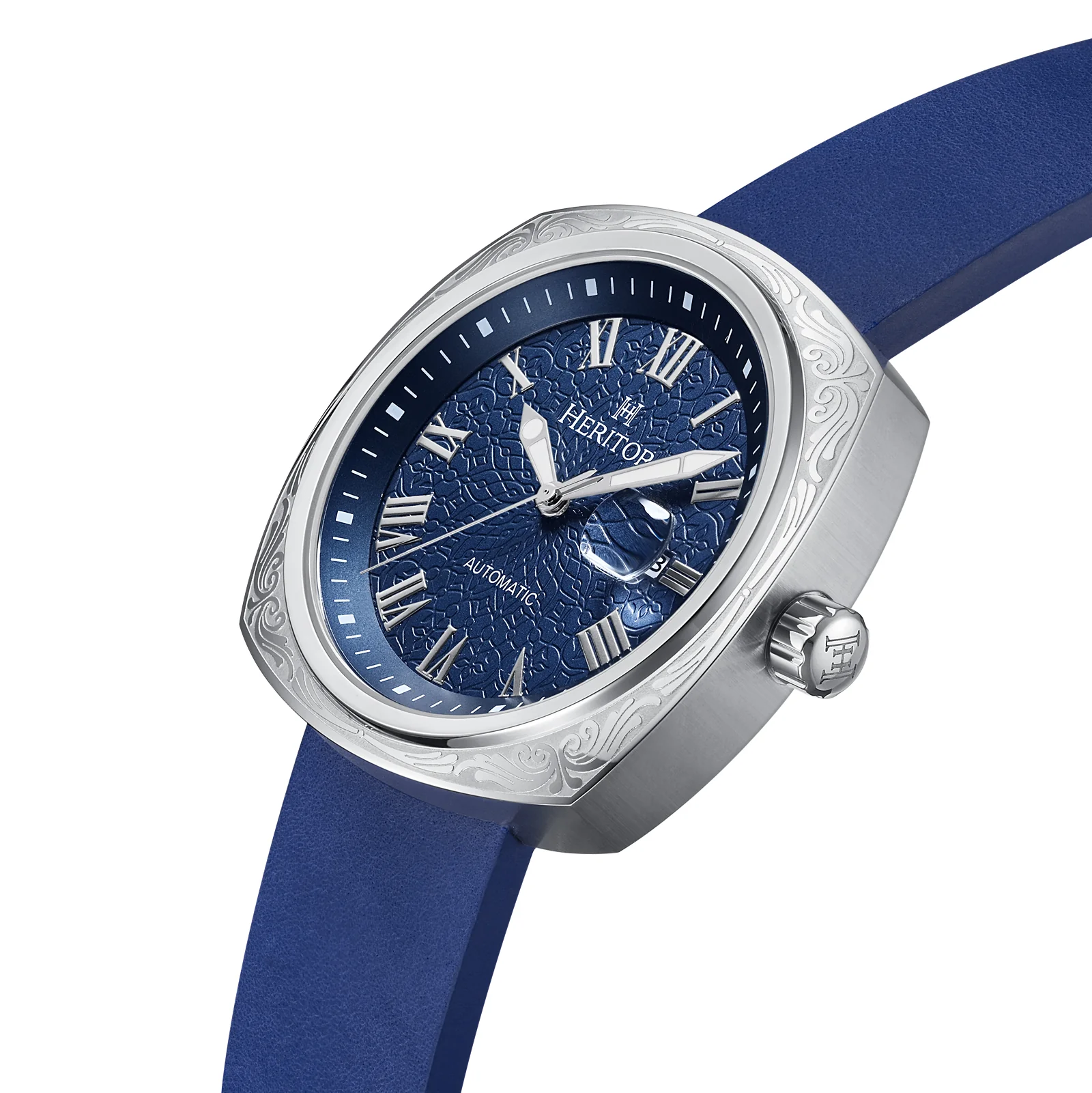 Davenport Engraved-Case Leather-Band Watch w/ Date Silver/Blue | Blue Dial - Image 2