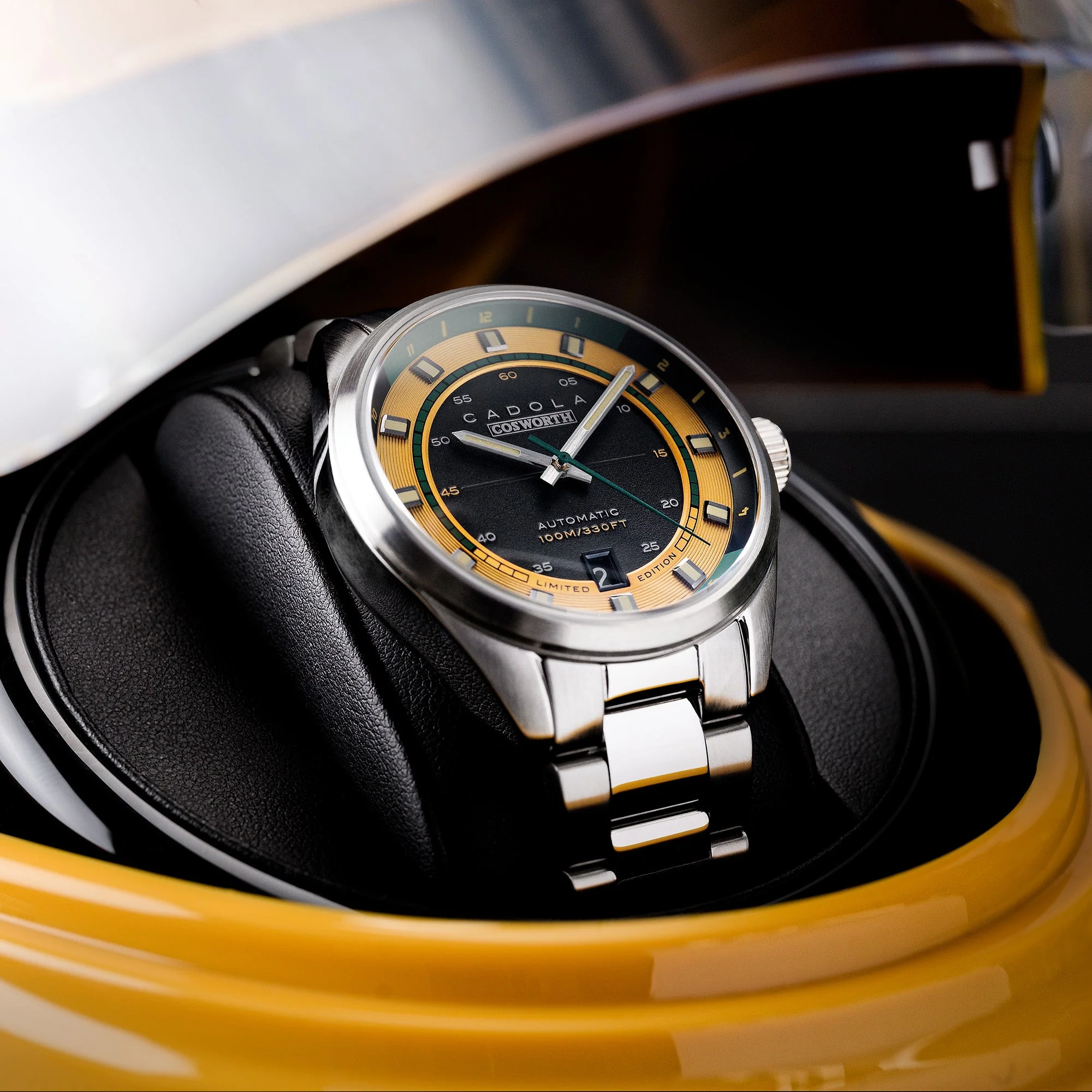 DFV-COSWORTH HELMET WATCH WINDER AUTOMATIC LIMITED EDITION YELLOW / STAINLESS STEEL | Yellow Dial - Image 3