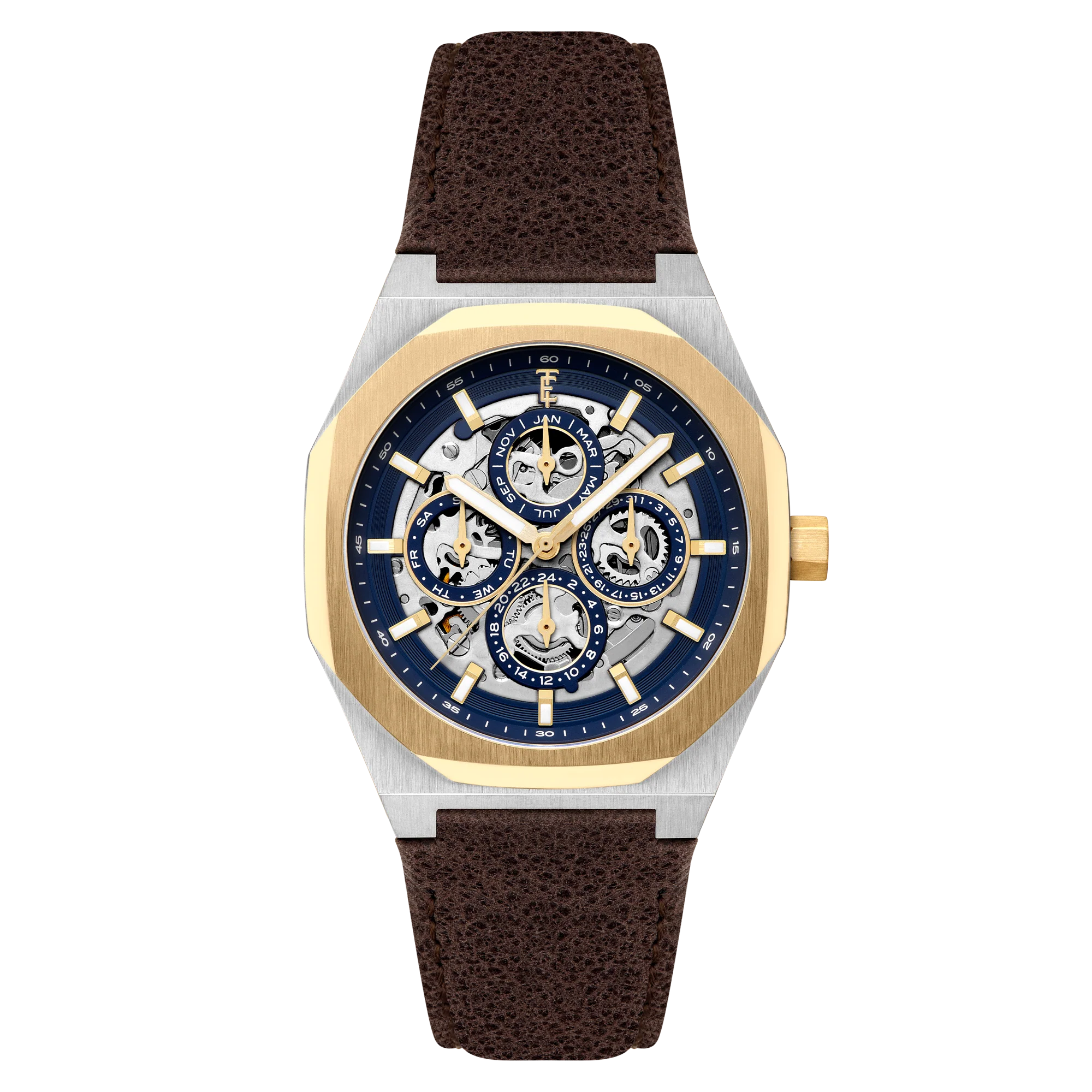 Discovery Drake Triple Calendar Skeleton Automatic Blue / Genuine Leather Blue Dial
