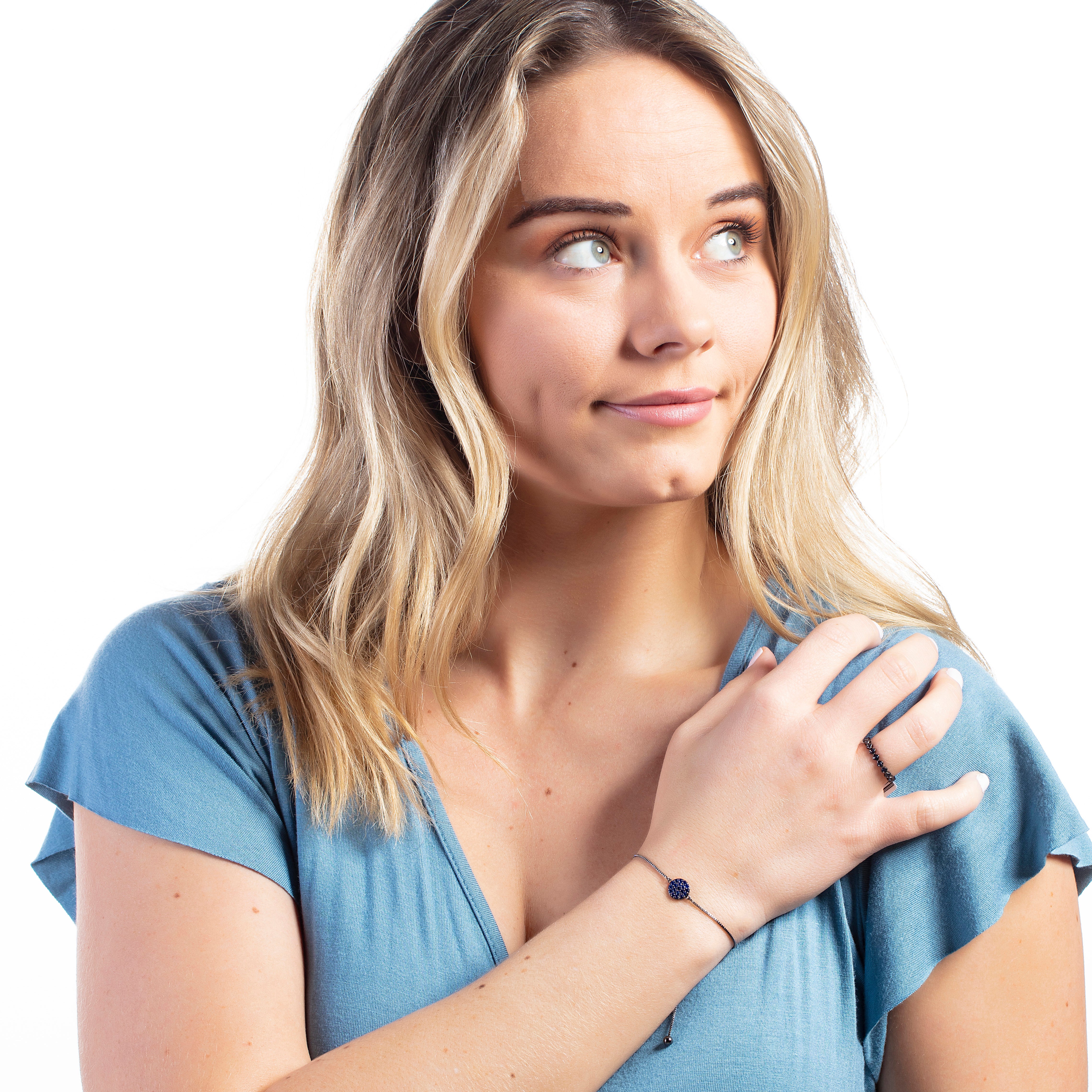 Elegant Confetti Women's 18K Black Gold Plated Blue CZ Simulated Diamond Circle Adjustable Bolo Bracelet 18k Black Gold - Image 3
