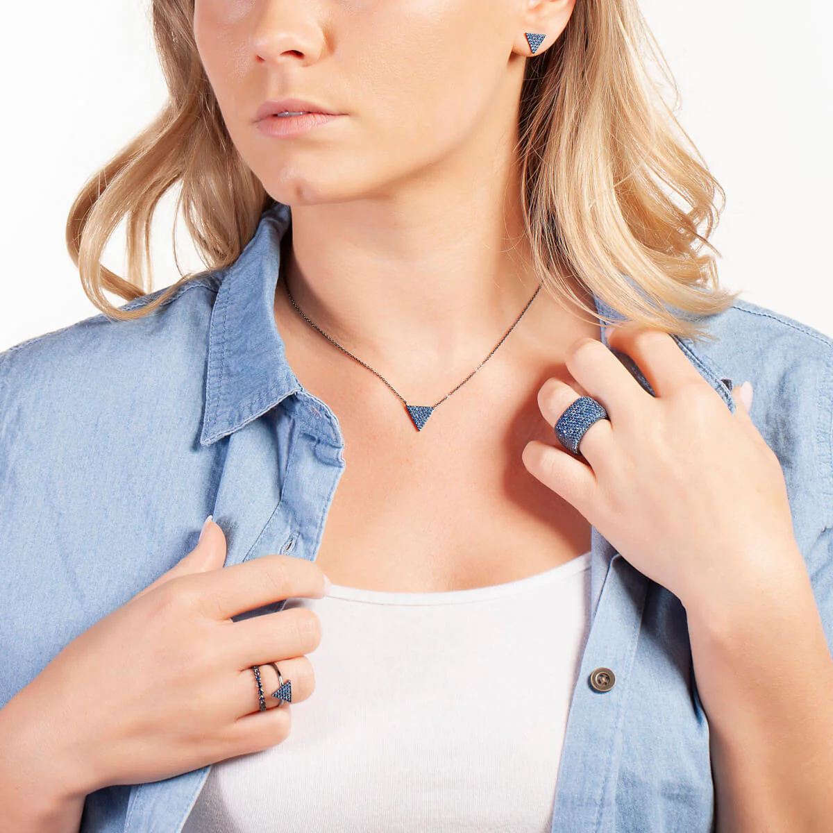 Elegant Confetti Women's 18K Black Gold Plated Blue CZ Simulated Diamond Pave Triangle Pendant Necklace 18k Black Gold - Image 3