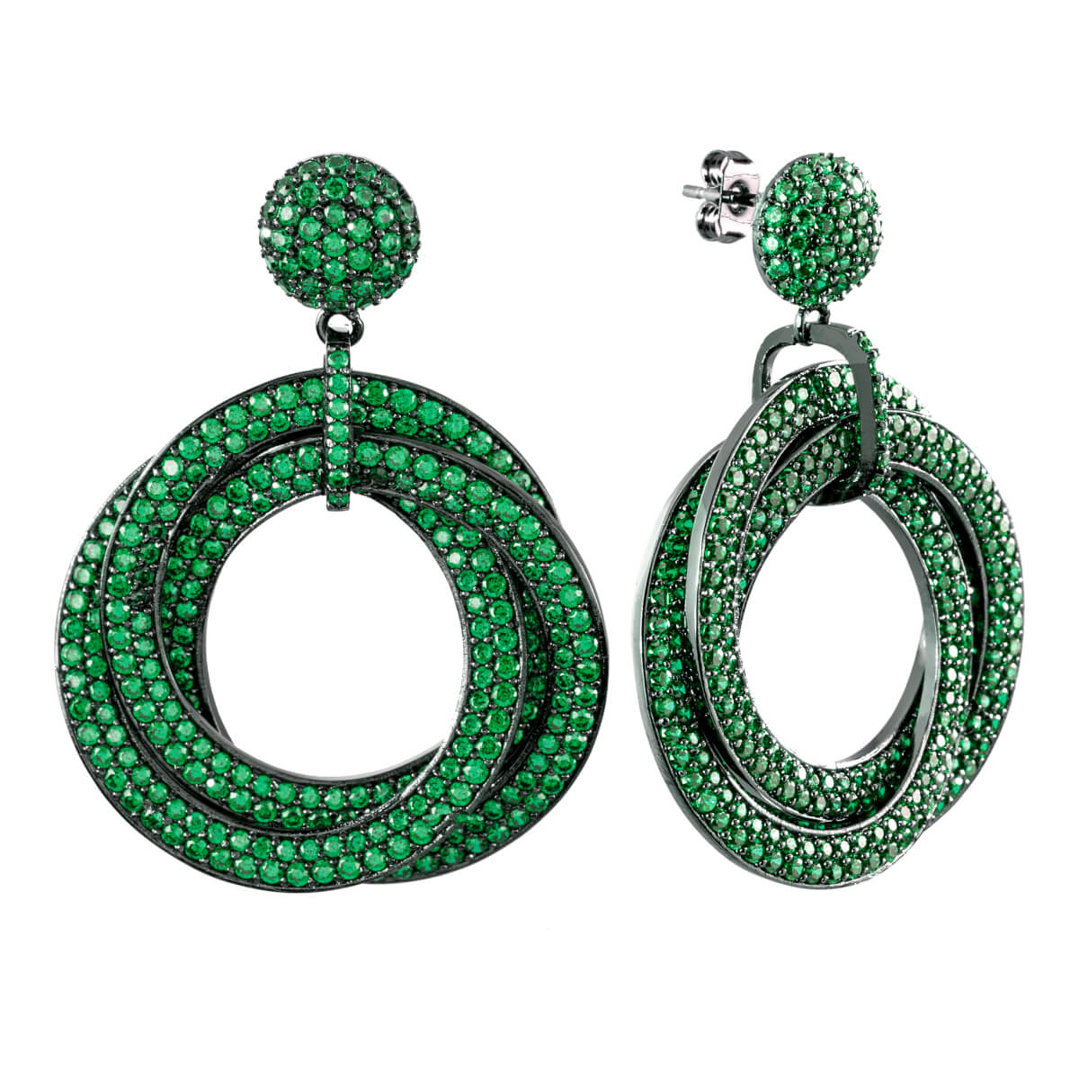 Elegant Confetti Women's 18K Black Gold Plated Green CZ Simulated Diamond Pave Statement Triple Ring Drop Earrings 18k Black Gold