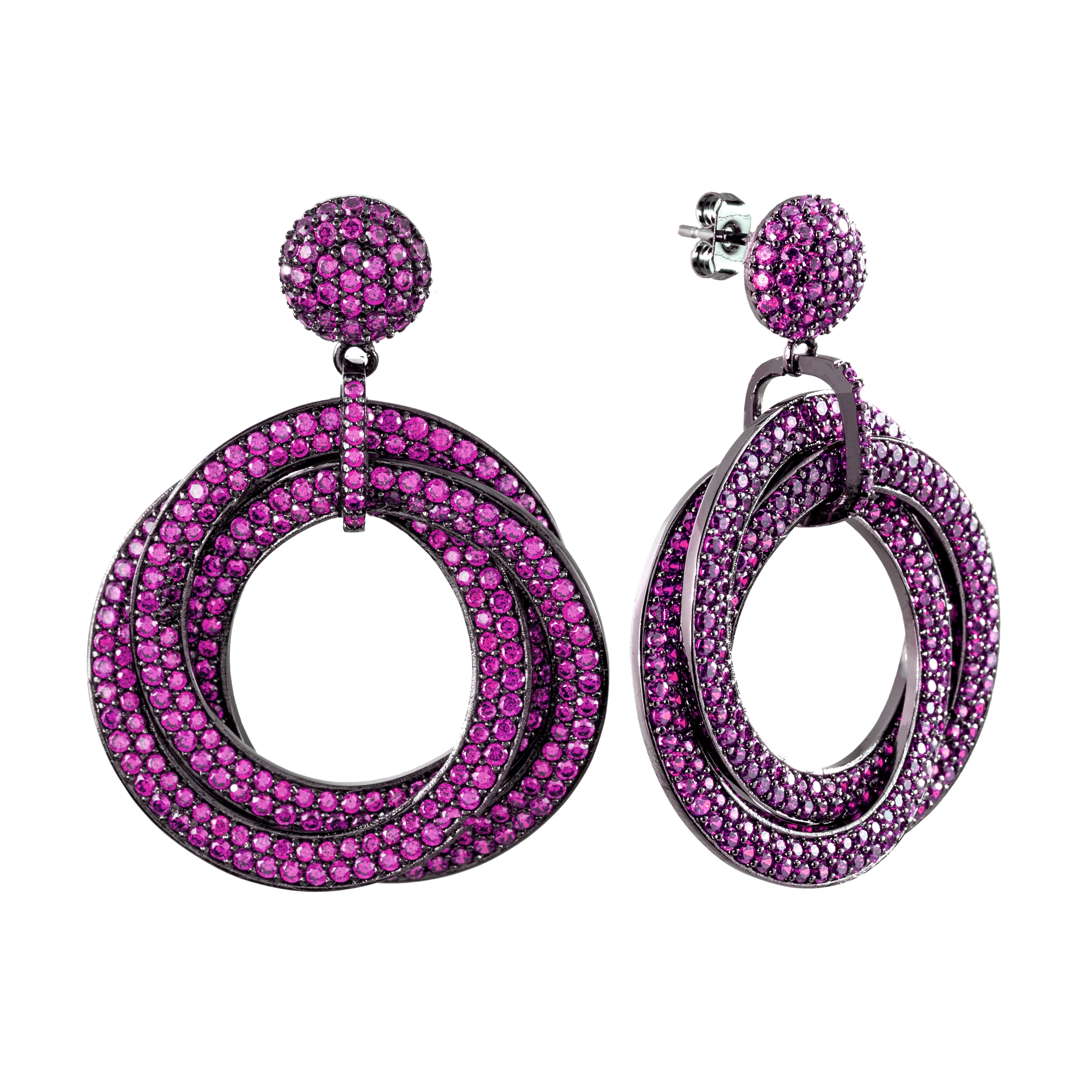 Elegant Confetti Women's 18K Black Gold Plated Pink CZ Simulated Diamond Pave Statement Triple Ring Drop Earrings 18k Black Gold