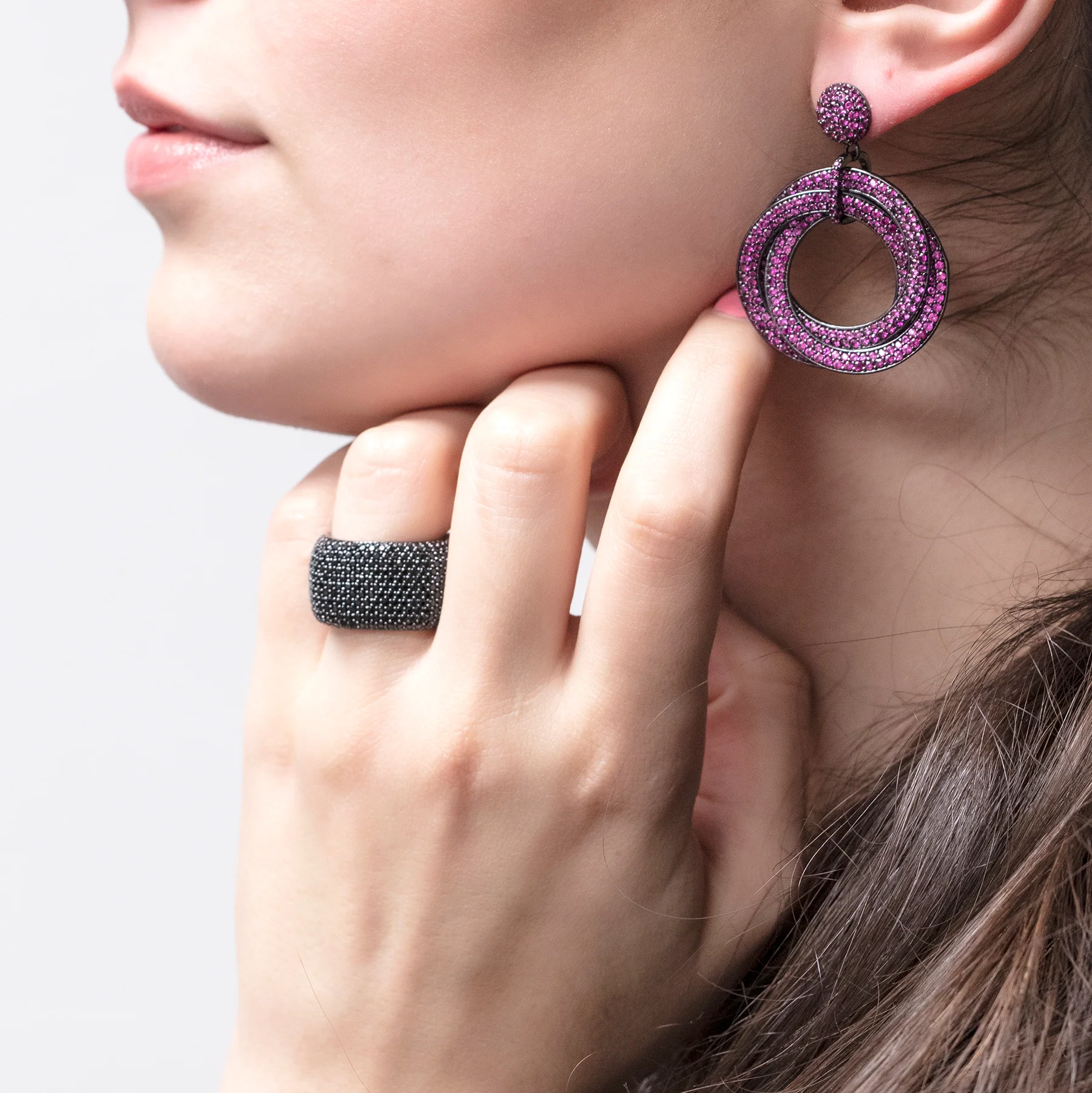 Elegant Confetti Women's 18K Black Gold Plated Pink CZ Simulated Diamond Pave Statement Triple Ring Drop Earrings 18k Black Gold - Image 3