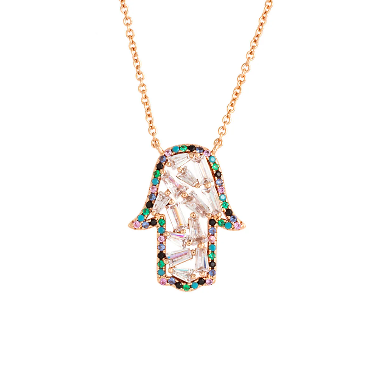 Elegant Confetti Women's 18K Rose Gold Plated CZ Simulated Diamond Hamsa Charm Fashion Necklace 18k Rose Gold