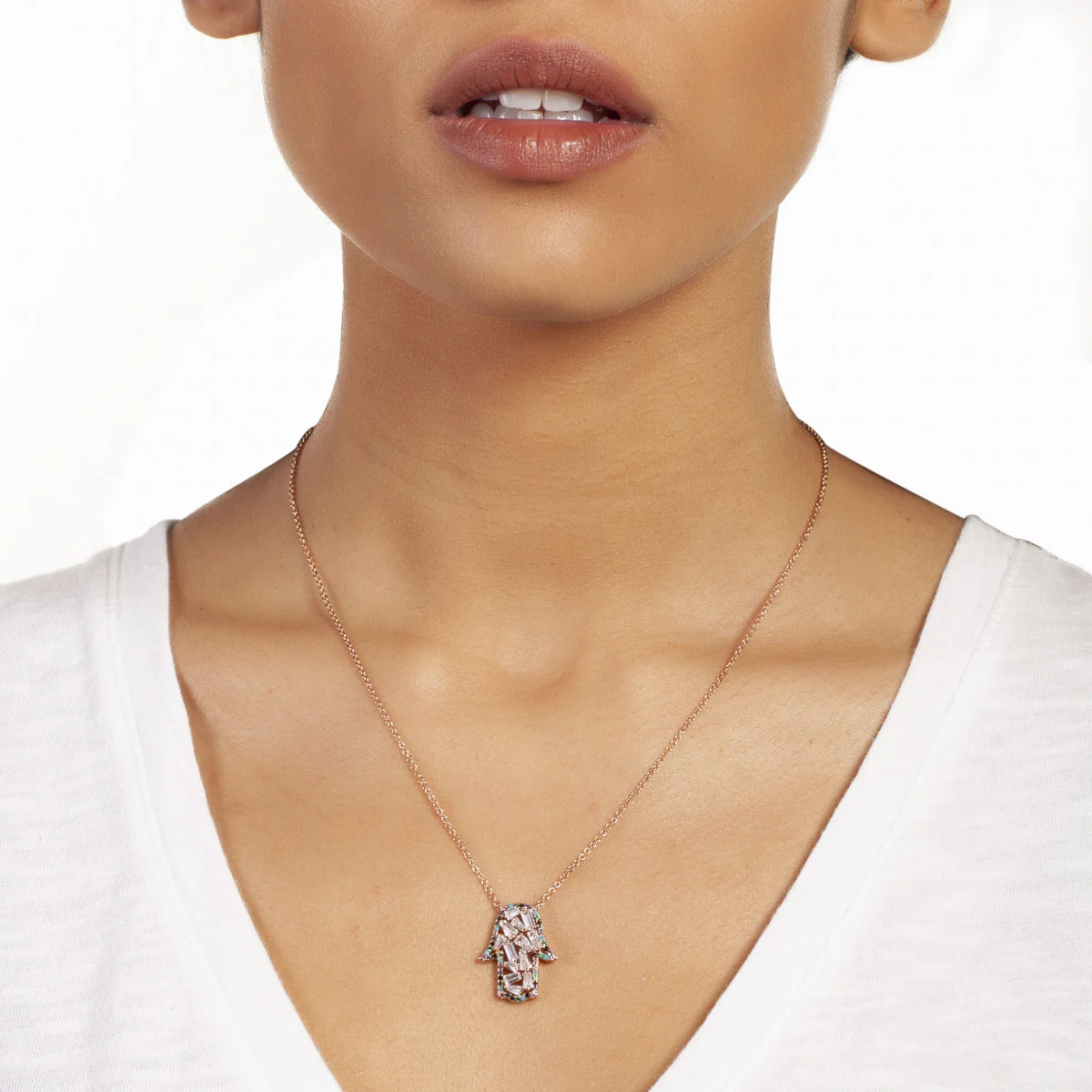 Elegant Confetti Women's 18K Rose Gold Plated CZ Simulated Diamond Hamsa Charm Fashion Necklace 18k Rose Gold - Image 2