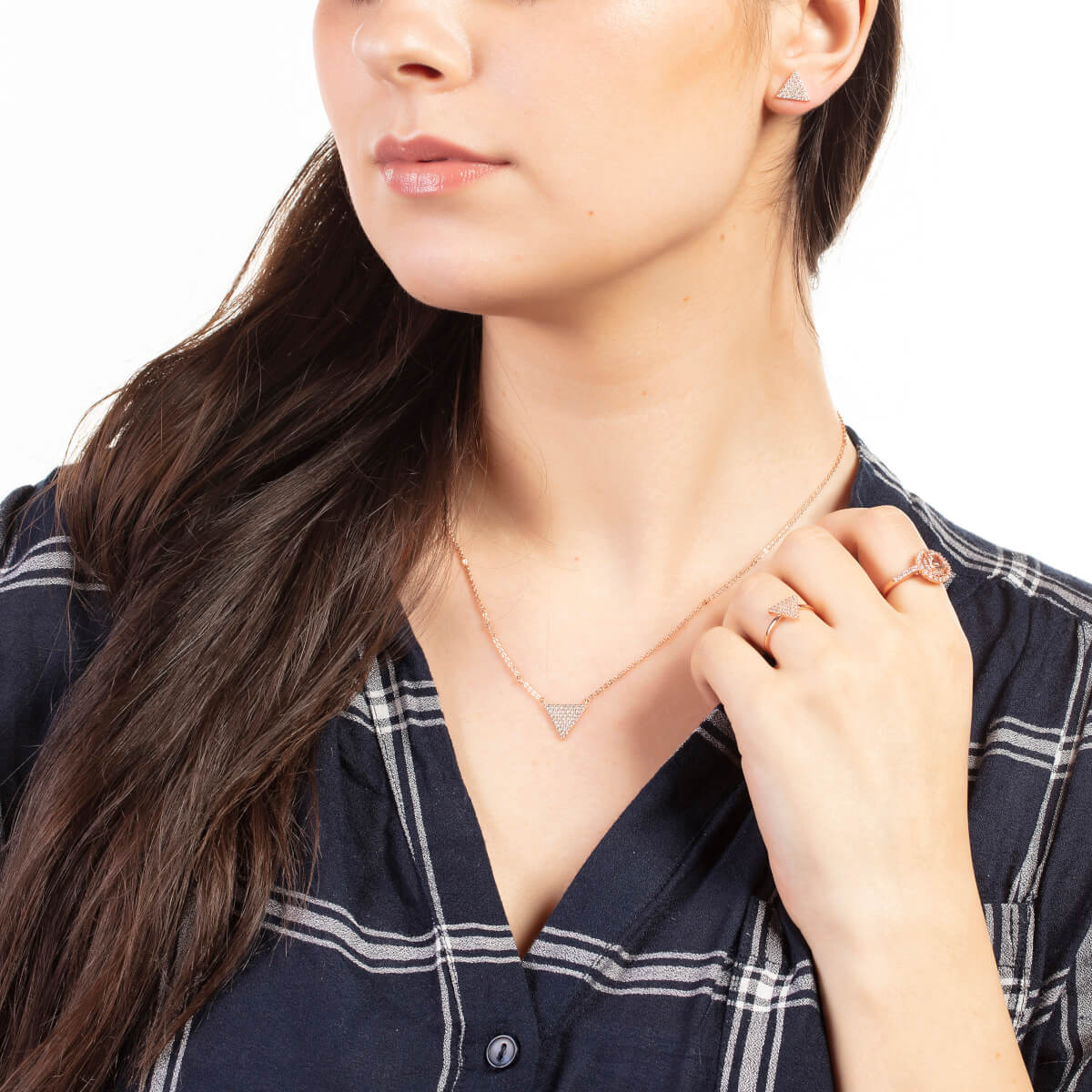 Elegant Confetti Women's 18K Rose Gold Plated CZ Simulated Diamond Pave Triangle Stud Earrings 18k Rose Gold - Image 3