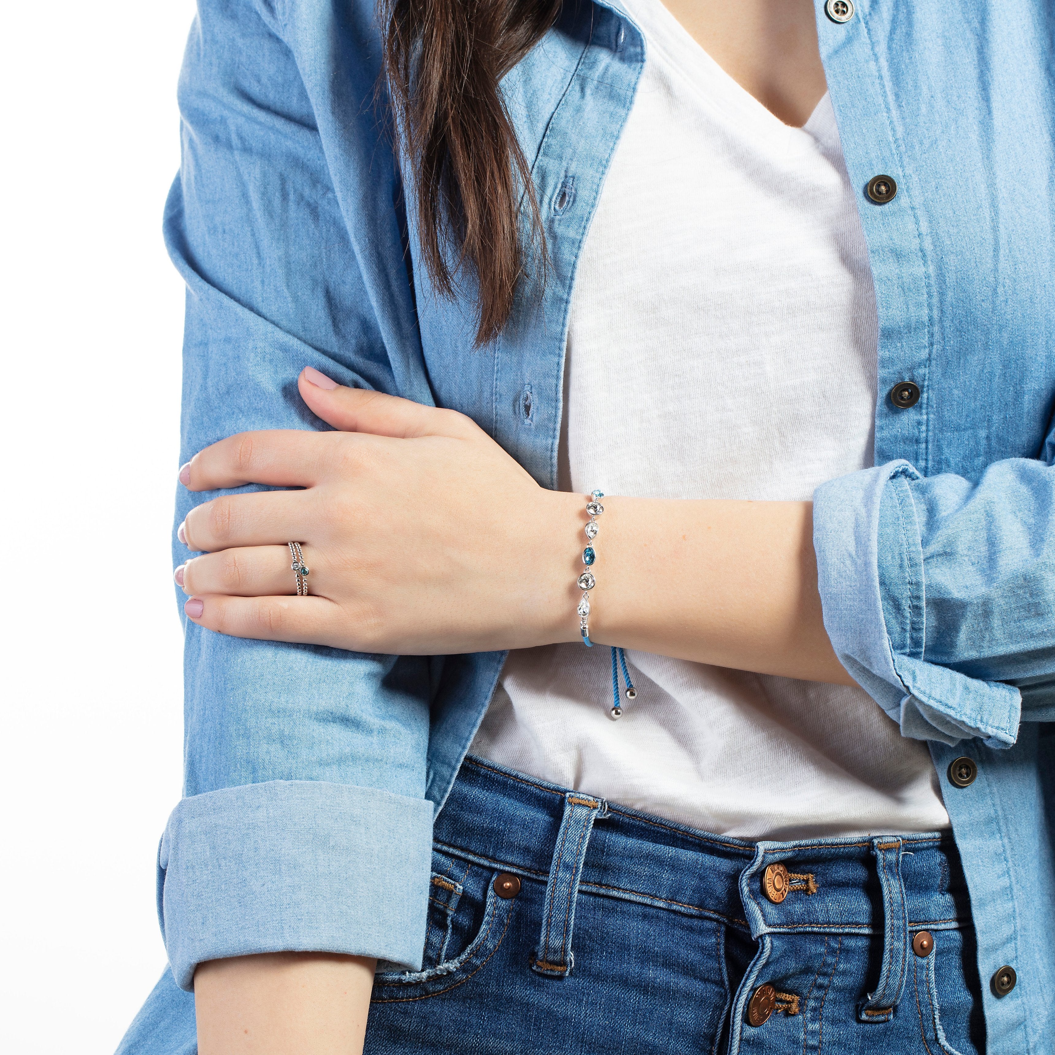 Elegant Confetti Women's 18K White Gold Plated Blue and White Swarovski Crystal Adjustable Bolo Blue Rope Bracelet 18k White Gold - Image 3